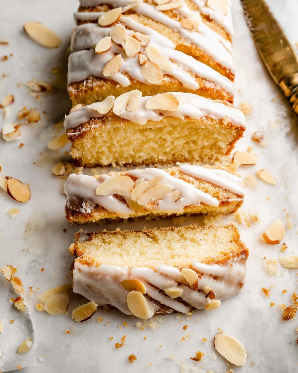 A sliced almond cake with four visible slices stacked in the center, showing a soft, light yellow crumb inside and a golden-brown crust outside. The cake is topped with white icing drizzled in thin lines, with a glossy texture that also pools slightly around the base. Thin, light tan almond slices are scattered on top and around the cake. The cake sits on a white marbled surface, next to a bronze knife with a round handle. The scene shows some loose crumbs and icing drops around, adding a casual, fresh look. photo taken with an iphone --ar 4:5 --v 7