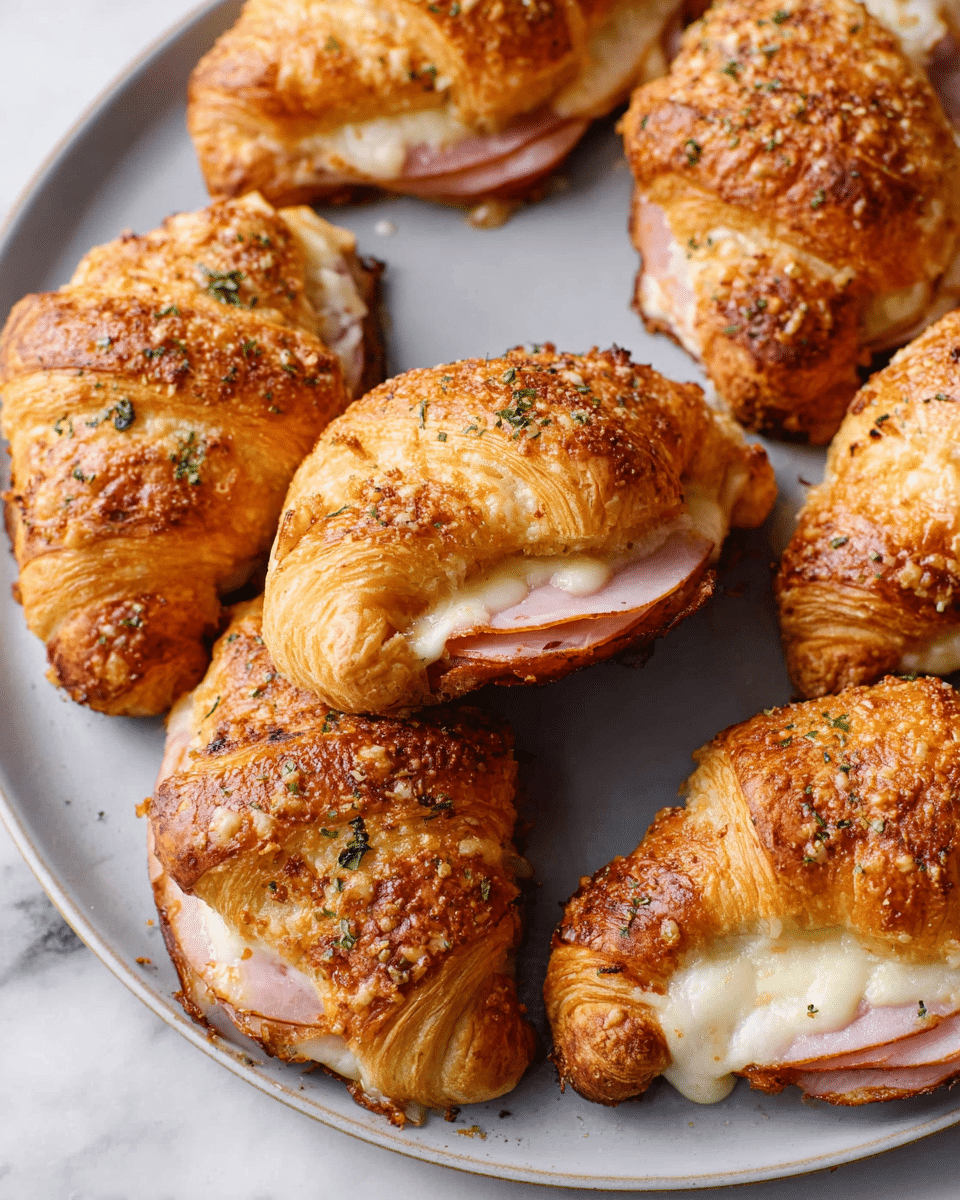 A close-up view of seven golden croissants arranged on a white plate with a slightly raised edge, resting on a white marbled surface. Each croissant is split to show three layers visible in the closest one: the crispy, flaky golden brown outer crust sprinkled with small, grainy cheese bits and green herb flakes; inside, a layer of pale pink ham lies beneath a melted, creamy white cheese layer dripping slightly out of the flaky pastry. The other croissants have similar cheese and ham fillings, with some cheese oozing out, and all are evenly coated with cheese crumbs and herbs on top. Photo taken with an iphone --ar 4:5 --v 7