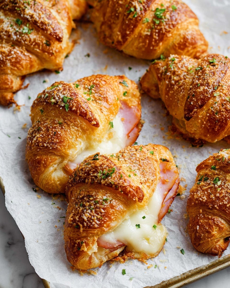 The image shows several golden-brown croissants with a crispy, flaky outer layer sprinkled with grated cheese and small green herb pieces on top. Each croissant is sliced open in the middle to reveal a melted white cheese layer and a layer of pink ham inside. The croissants are placed on white parchment paper, which is on a tray, all set on a white marbled textured surface. The cheese is melted and slightly oozing out, creating a warm and inviting look. Photo taken with an iphone --ar 4:5 --v 7