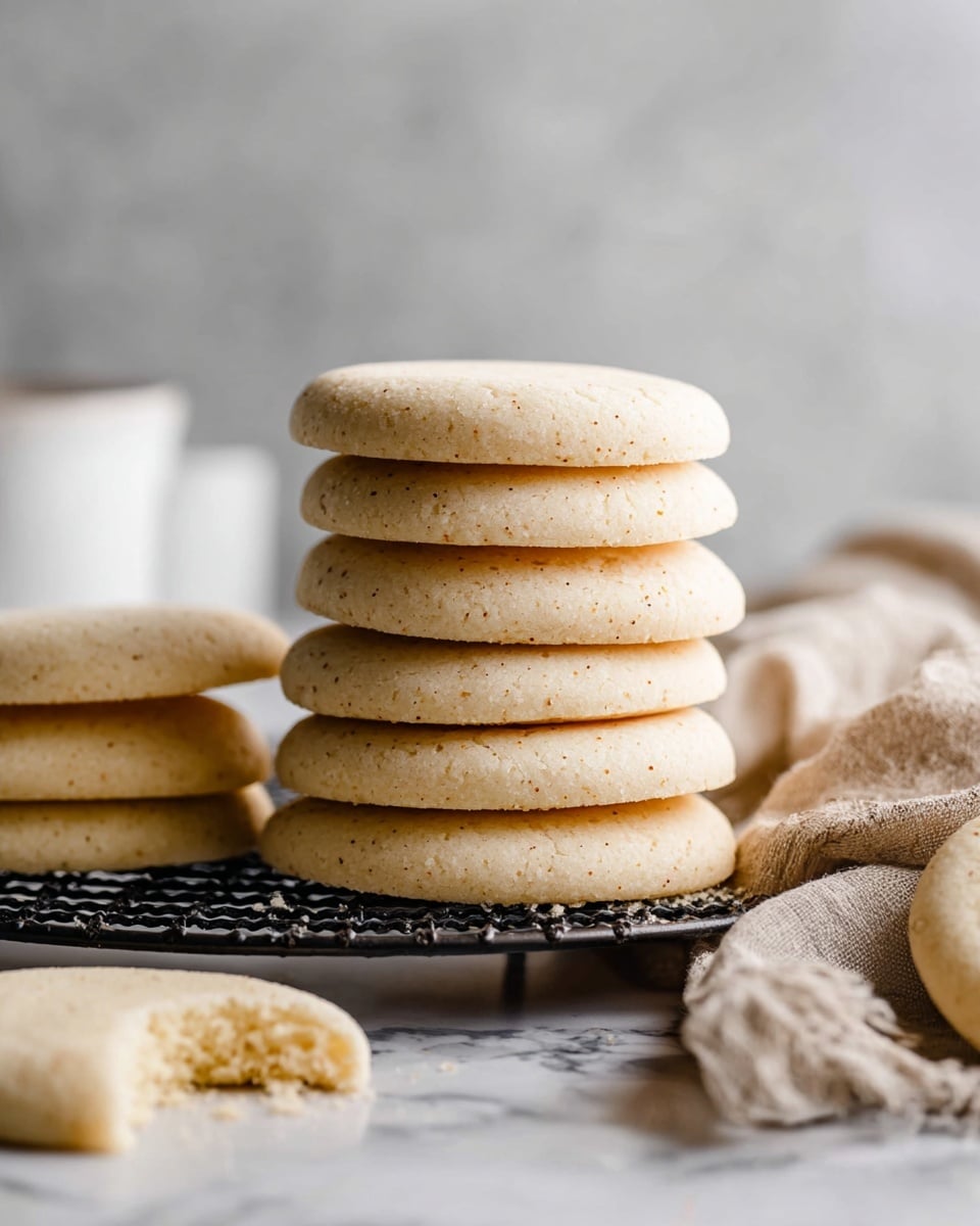 A stack of six soft, round, pale beige cookies with a smooth texture and small specks is placed on a dark cooling rack, set on a white marbled surface. To the left, there is another shorter stack of similar cookies, partially blurred. In the foreground, there is a single cookie with a bite taken out of it, showing a slightly crumbly inside. A soft, beige cloth is draped casually near the cookies. The background is blurred with light gray tones, and a white cup is faintly visible on the left side. Photo taken with an iphone --ar 4:5 --v 7