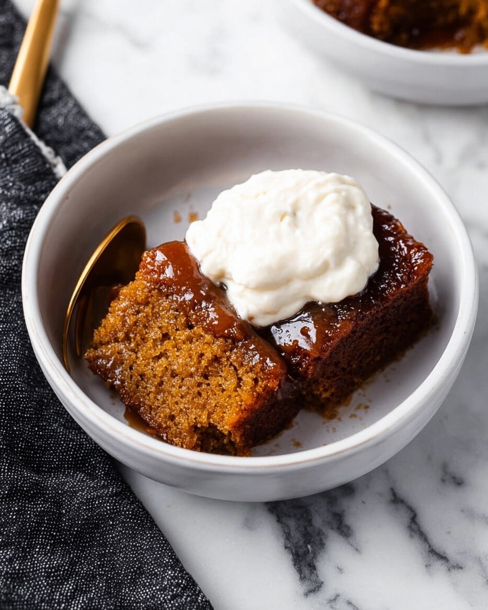 The image shows a white bowl containing two pieces of sticky toffee pudding. The bottom layer of each piece is a golden brown, moist and spongy cake, while the top layer is a darker, sticky caramelized toffee glaze. On top of one piece is a dollop of creamy white whipped cream with a smooth texture. A gold spoon is partially visible near the bowl, and the bowl sits on a white marbled surface with a black and white cloth nearby. Photo taken with an iphone --ar 4:5 --v 7