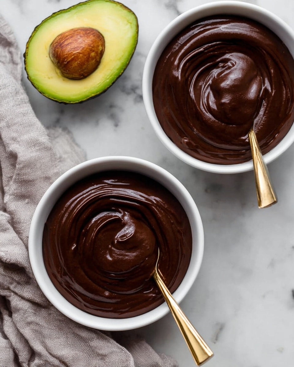 Two white bowls filled with dark, smooth chocolate pudding are placed on a white marbled surface. Each bowl has a golden spoon partly dipped into the thick, glossy pudding, showing swirling patterns on the surface. To the right, there is a half avocado with bright green flesh and a large brown seed. In the lower left corner, a crumpled light gray cloth adds texture to the scene. The overall look is simple and rich, with a focus on the smoothness and thickness of the pudding. photo taken with an iphone --ar 4:5 --v 7