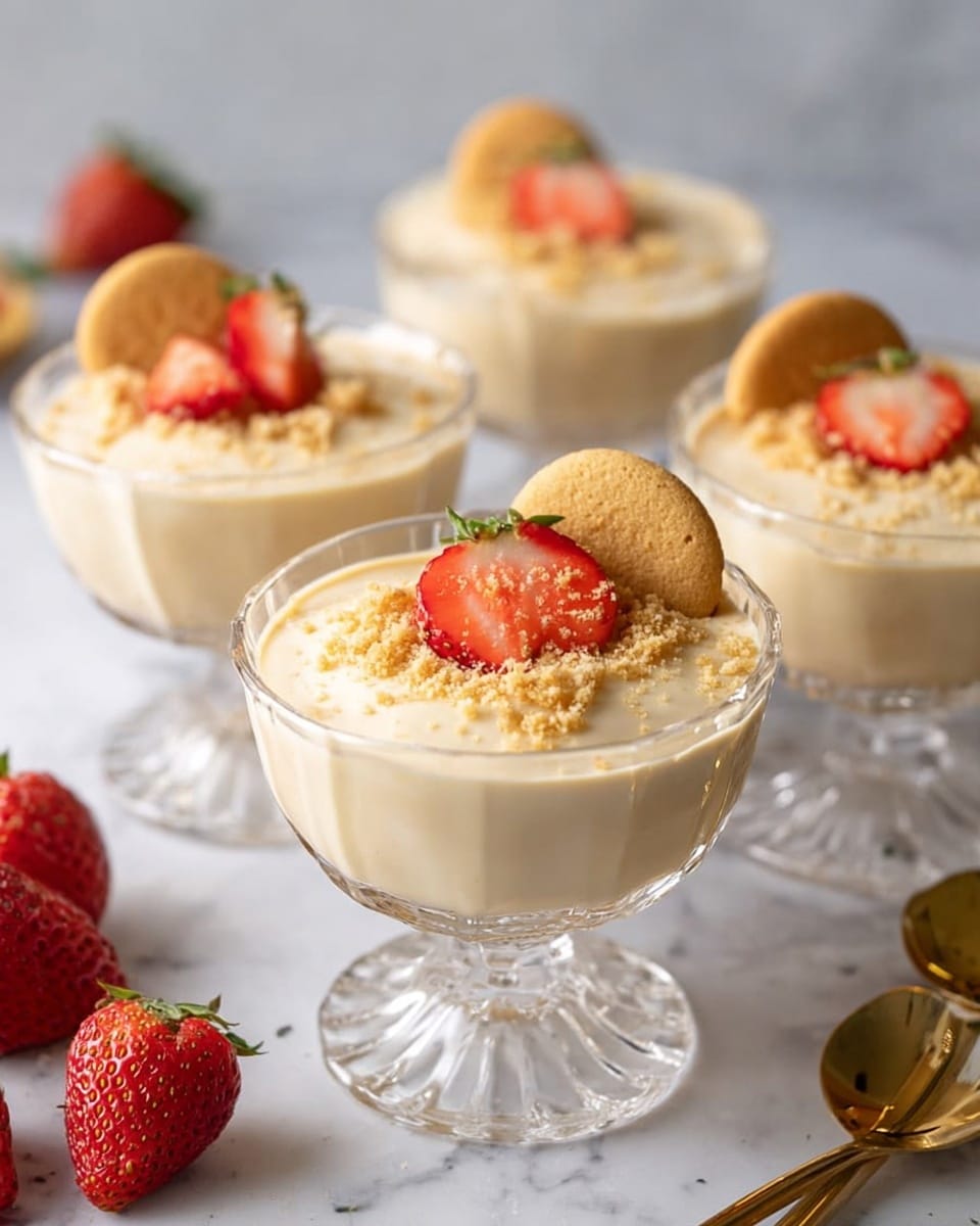 The image shows four glass dessert cups filled with a creamy, light beige pudding. Each cup has a smooth layer of pudding topped with a sprinkle of crushed cookie crumbs, a half strawberry slice, and a round golden cookie piece placed on the side of the pudding's top. The cups have a scalloped edge and sit on short glass stems. The cups are arranged on a white marbled surface, and there are whole strawberries and gold-colored spoons nearby, slightly out of focus. The lighting is soft, making the pudding look smooth and inviting. Photo taken with an iphone --ar 4:5 --v 7