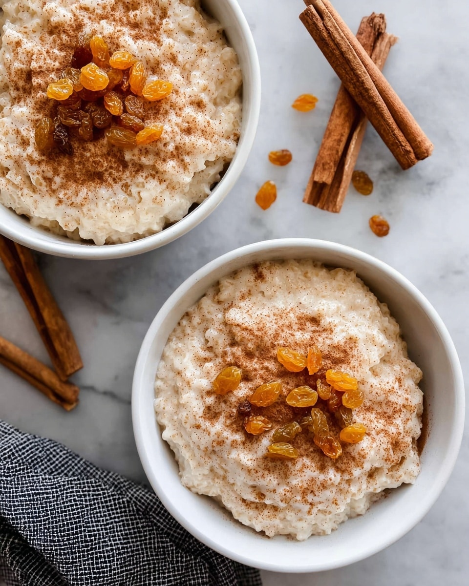 A bowl of creamy rice pudding fills a light gray bowl, with soft textured white rice mixed in a thick, smooth base. On top, there is a swirl of cinnamon powder creating a warm brown color, and a handful of golden raisins are scattered on one side. A silver spoon rests inside the bowl, partially submerged in the pudding. The scene is set on a white marbled surface with cinnamon sticks on the side and a gray textured cloth nearby. In the background, another white bowl holds more rice pudding topped with golden raisins. photo taken with an iphone --ar 4:5 --v 7