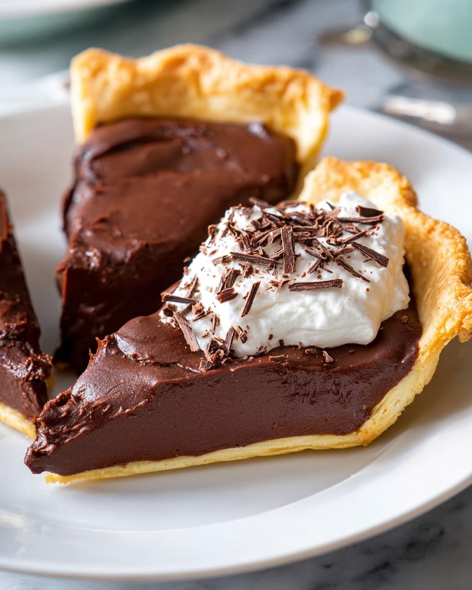 A slice of chocolate pie with three visible layers sits on a white plate with blue speckles. The bottom layer is a thin, golden crust that looks slightly crumbly, while the middle layer is thick and rich with dark brown creamy chocolate filling. On top, there is a fluffy white layer of whipped cream, sprinkled with irregular dark chocolate shavings that add texture and contrast. A small piece of the crust has broken off and rests near the pie slice. The background shows a white marbled texture. Photo taken with an iphone --ar 4:5 --v 7
