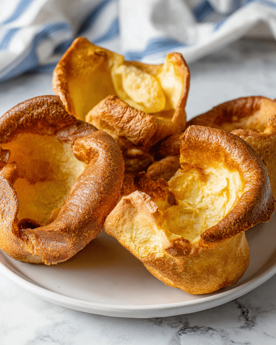 A metal muffin tray with eleven golden-brown Yorkshire puddings inside the cups, showing a mix of puffed, crispy edges and soft, light centers that vary in shape and size. The tray rests on a white marbled surface with a rustic silver knife with a cream handle on the bottom left corner, and a white and blue checkered cloth partially visible at the top right. The puddings have a slightly uneven golden texture, some with hollow centers and others more filled, creating a natural, homemade look. Photo taken with an iphone --ar 4:5 --v 7