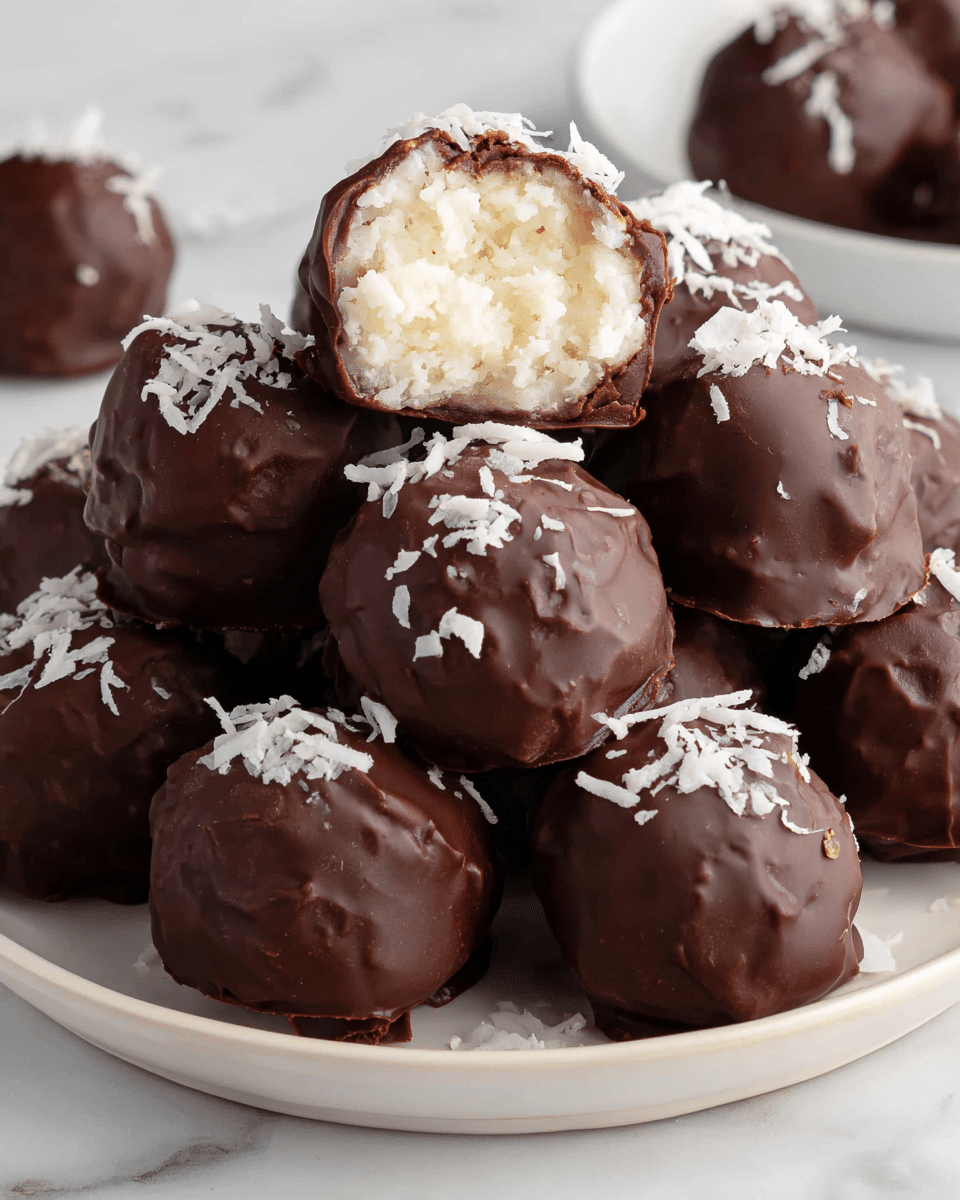 A white plate filled with ~15 round chocolate-covered truffles stacked on a white marbled surface. Each truffle has a dark brown, smooth but slightly bumpy outer chocolate layer. One truffle at the top center is split open to show a white creamy filling with a soft, shredded texture inside. Some truffles near the edges have small white shredded coconut sprinkles on top. photo taken with an iphone --ar 4:5 --v 7