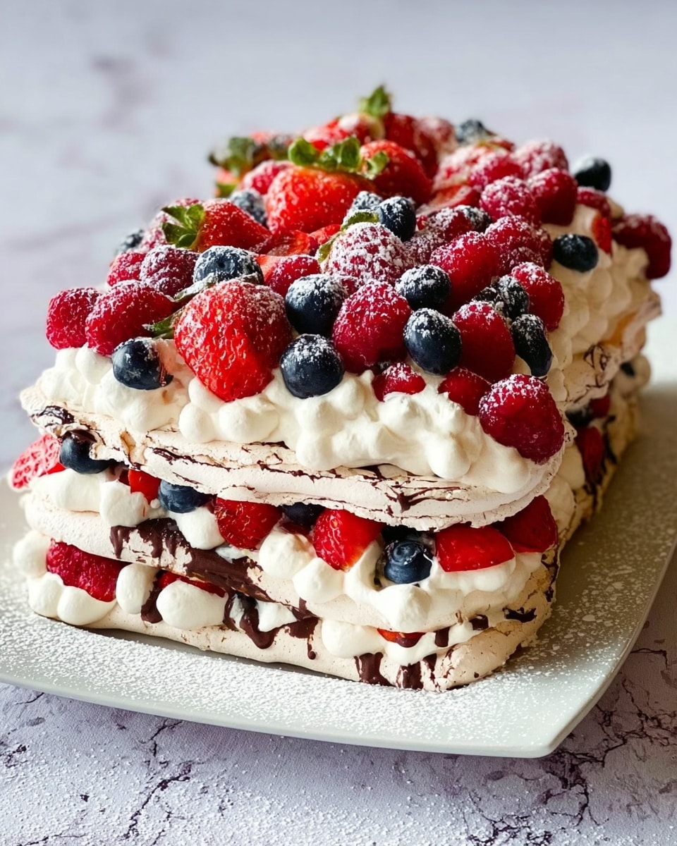The dessert is a multi-layered rectangular pavlova on a white plate, set on a white marbled texture. It has three main layers: the base and middle layers are light brown meringue with a slightly cracked texture, each topped with thick, piped white cream. Between the cream layers, there are scattered pieces of red strawberries and plump blue blueberries. The top layer is covered densely with a mix of whole strawberries with green leaves, bright red raspberries, halved strawberries, and small blueberries. The fruit is dusted with a fine layer of powdered sugar, adding a soft white contrast over the vibrant reds and blues, with a few drizzles of dark chocolate visible on the sides. photo taken with an iphone --ar 4:5 --v 7