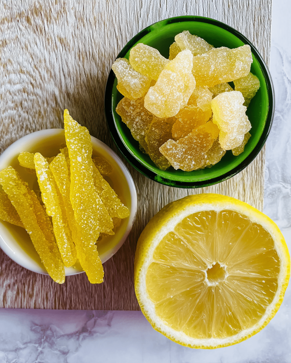 The image shows two small bowls on a wooden surface: one bowl filled with thick, irregular light yellow and translucent sugar-coated slices, and another bowl containing thin, long yellow strips also covered in sugar crystals. Next to them, there is a bright yellow half fruit with a textured peel and thick white pith visible. The bowls are green and white respectively. The entire scene is set on a white marbled texture. photo taken with an iphone --ar 4:5 --v 7