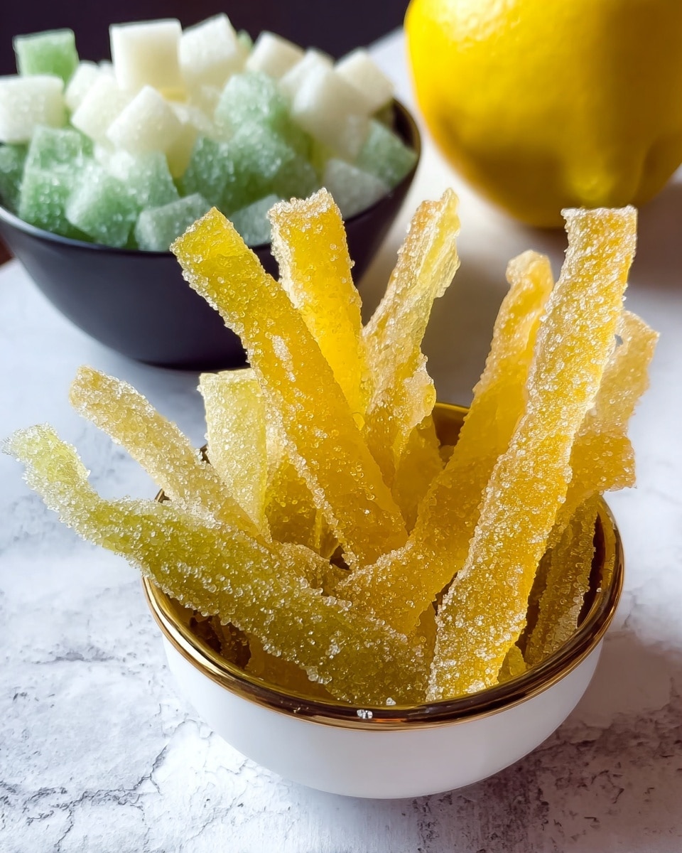 The image shows a close-up of thin, yellowish candied lemon peels inside a small, white bowl. The peels are covered with a sparkling layer of sugar, giving them a frosted look. They stand upright in the bowl, showing varied textures with some parts translucent and others more solid. In the background, there is a white bowl filled with light green and off-white sugar cubes and a large yellow lemon is partially visible, all placed on a white marbled surface. Photo taken with an iphone --ar 4:5 --v 7