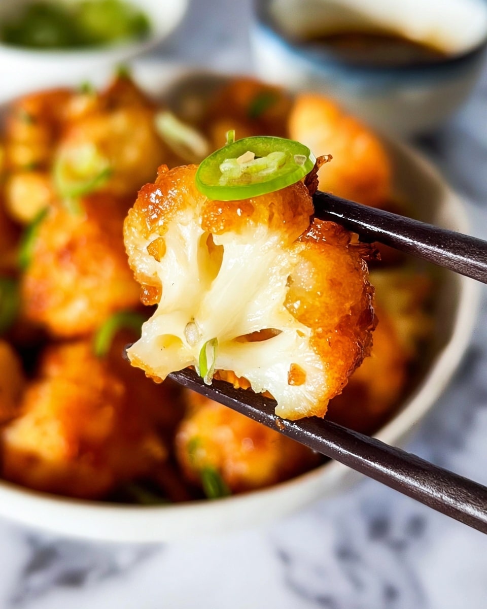 A close-up image shows a single piece of golden-brown fried cauliflower held by black chopsticks, with a thin green chili slice on top. The cauliflower's texture shows tender white florets inside and a crispy, slightly rough outer layer. The blurred background features more pieces of fried cauliflower in a white bowl placed on a white marbled surface. Photo taken with an iphone --ar 4:5 --v 7