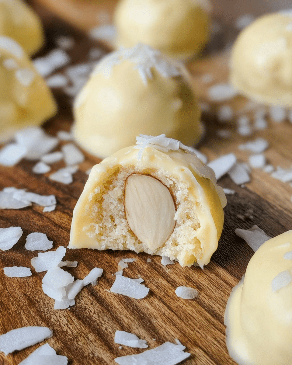 A close-up of several small round treats on a wooden surface with scattered white coconut flakes around them. Each treat is covered in a smooth pale yellow coating. One of the treats is cut in half, showing three layers inside: an outer thin pale yellow layer of coating, a thick crumbly white inner layer with a coarse texture, and a whole white almond at the center. More whole treats are in the background, slightly blurred, all sharing the same light color and texture. photo taken with an iphone --ar 4:5 --v 7