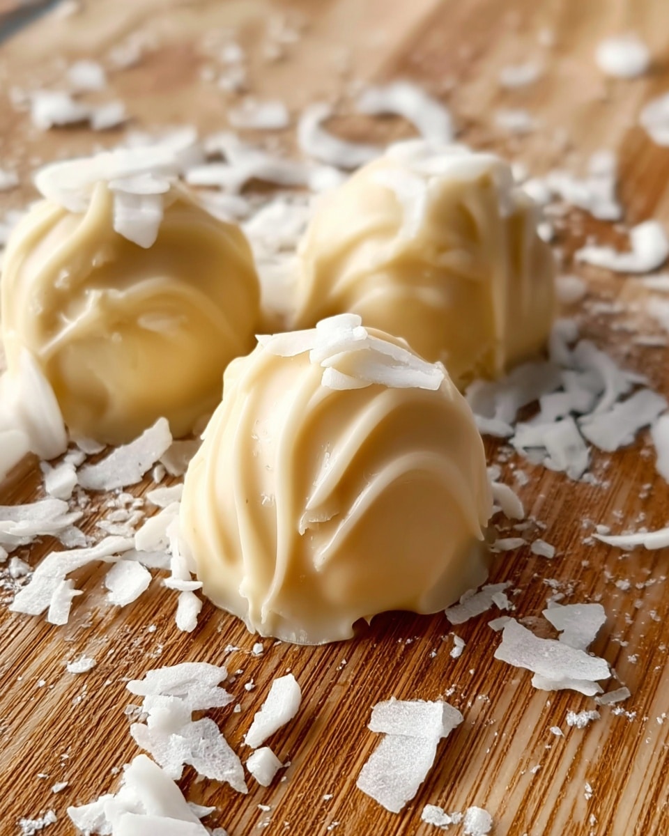 The image shows three small round treats covered in smooth, creamy white chocolate with some lines and ripples on their surfaces. Each piece is placed directly on a light brown wooden textured surface sprinkled with white coconut flakes, adding a rough texture around them. The treats have a soft, slightly uneven shape and are spaced apart in a loose cluster. Some white strands of coconut flakes lie close around them, giving a soft contrast to the wood. photo taken with an iphone --ar 4:5 --v 7