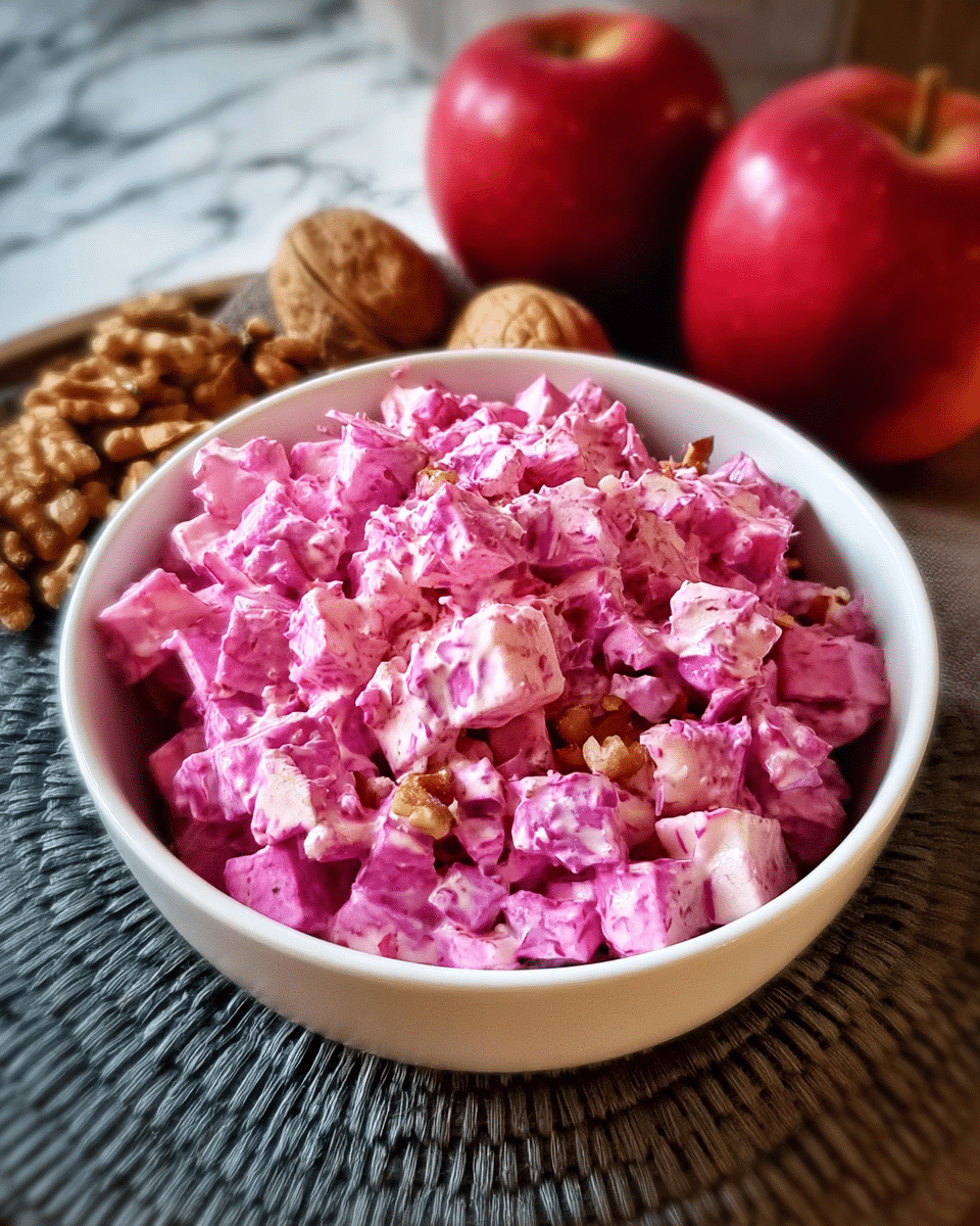 A white bowl filled with a chunky salad made of small, bright pink pieces coated in creamy sauce, placed on a woven dark grey placemat with two red apples and some whole walnuts in the background on a white marbled surface. Photo taken with an iphone --ar 4:5 --v 7