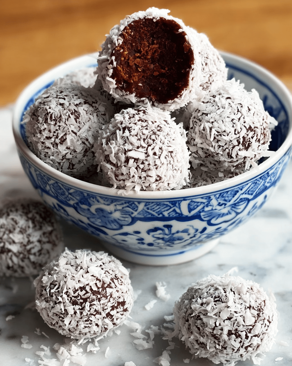 A white bowl with blue patterns is filled with round chocolate balls covered in white shredded coconut, some spilling onto a white marbled surface. One chocolate ball at the top is bitten into, showing a dense, rich, dark brown inside with a smooth texture. The coconut flakes layer on the outside creates a rough, snow-like surface around each ball. Photo taken with an iphone --ar 4:5 --v 7