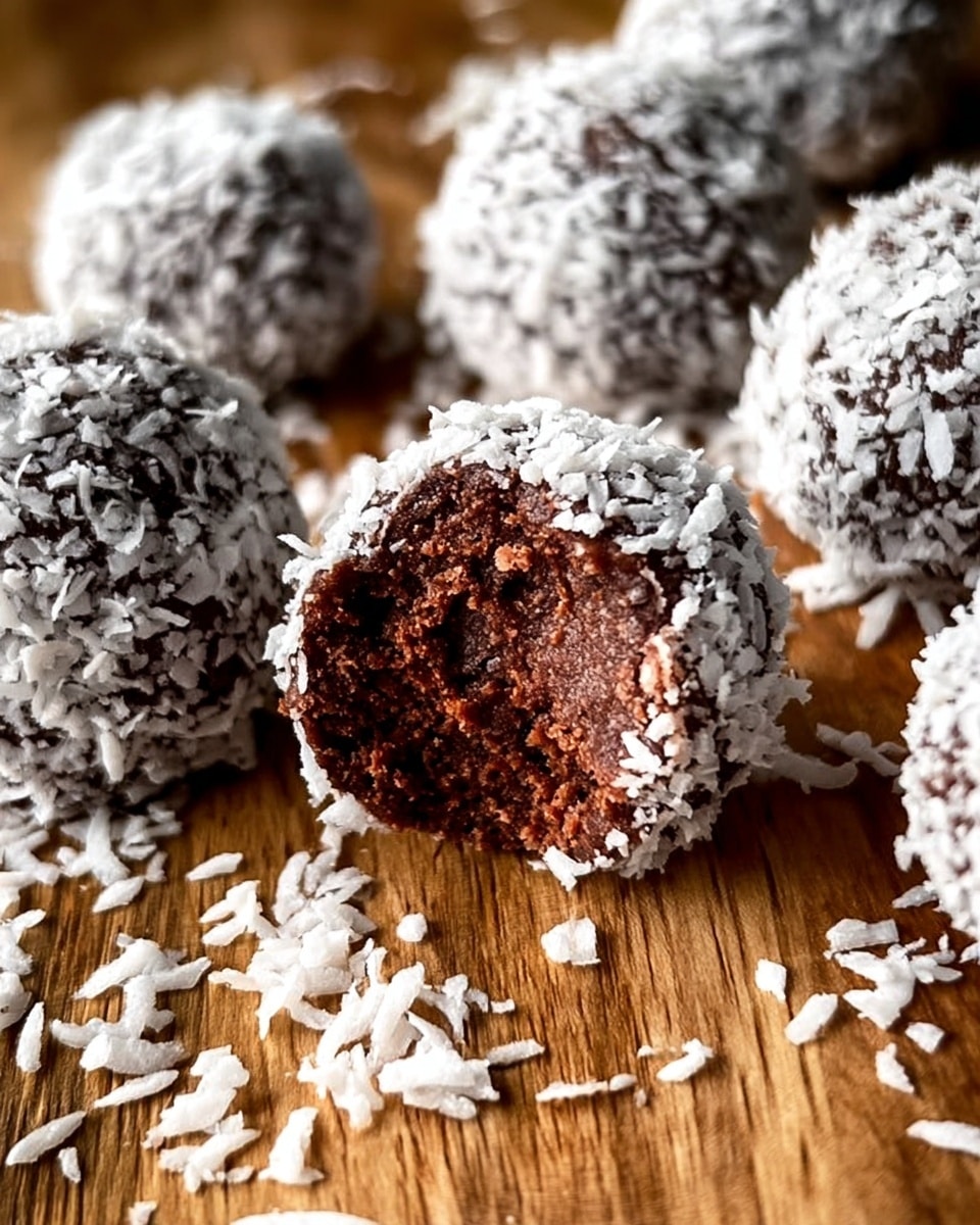 The image shows several round chocolate balls covered with shredded white coconut flakes, placed on a wooden surface with extra coconut flakes scattered around. One chocolate ball in the front has a bite taken out of it, revealing a dense, dark brown interior with a moist texture. The coconut flakes on the outside are thick and unevenly layered, creating a snowy effect that contrasts with the rich chocolate inside. photo taken with an iphone --ar 4:5 --v 7