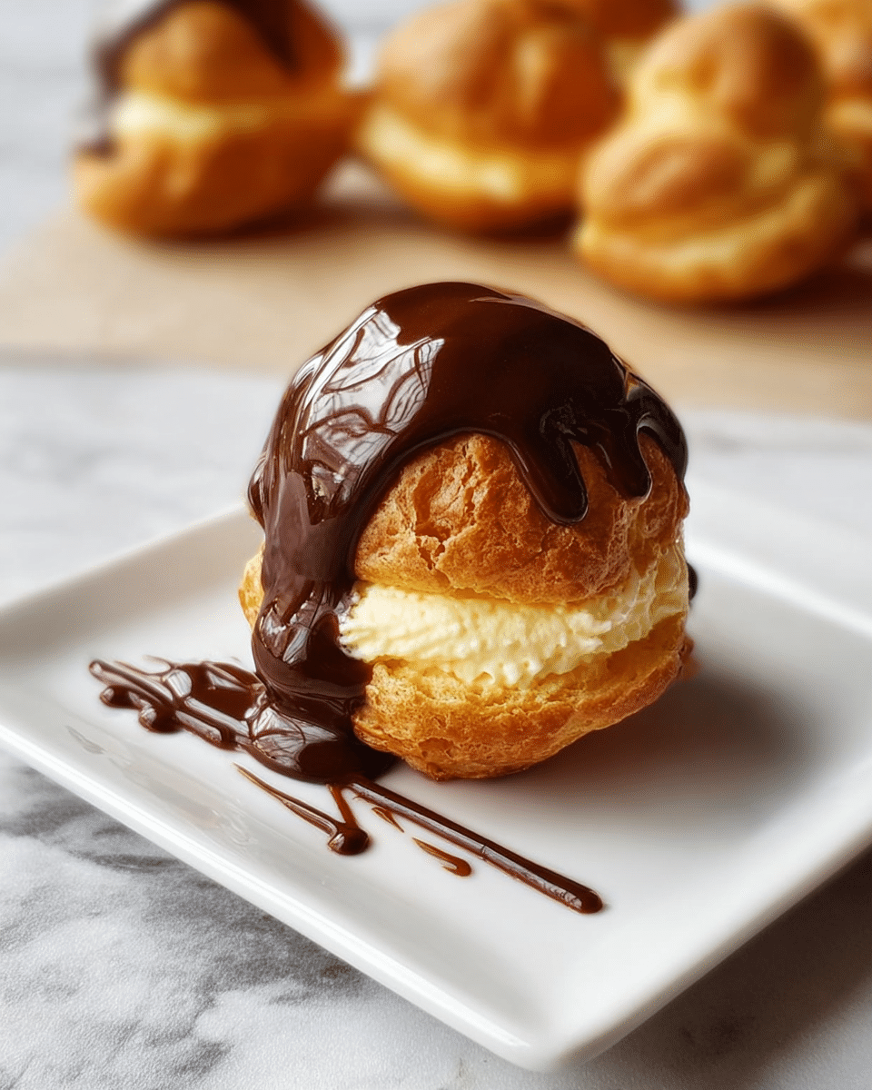 A single cream puff sits centered on a white square plate with a white marbled texture background. The puff has a golden-brown crispy outer shell with a visible light yellow creamy filling peeking out from the split middle front. Thick, glossy dark chocolate sauce generously covers the top and drips slightly onto the plate, with chocolate spread in a small streak beneath the puff. In the blurred background, more golden-brown cream puffs can be seen out of focus. Photo taken with an iphone --ar 4:5 --v 7