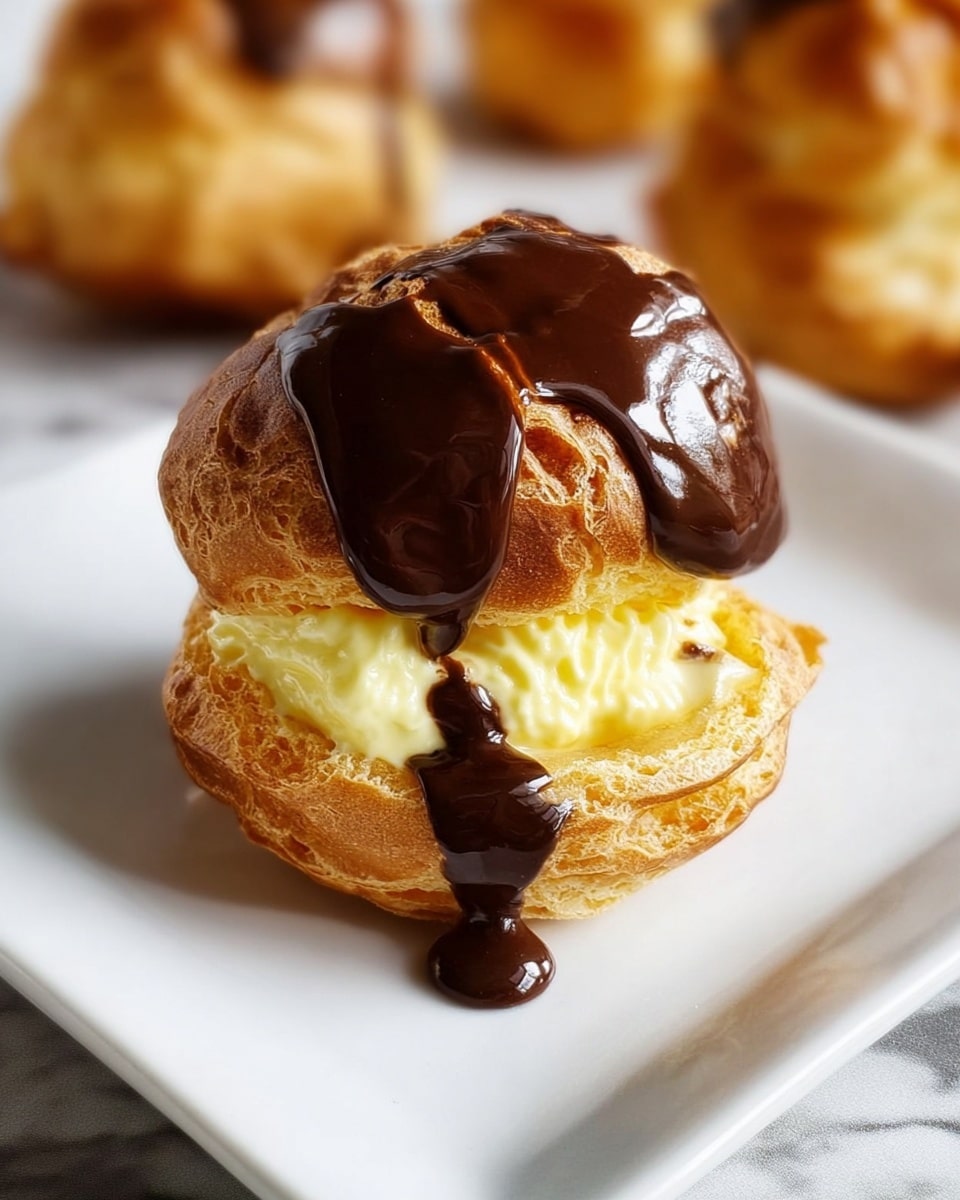 A single cream puff sits on a white square plate with a white marbled texture underneath. The puff is golden brown and light, filled with pale yellow creamy custard that slightly spills out of the front. The top of the puff is covered with a thick, glossy dark chocolate layer that drips slightly onto the plate, creating a streaky pattern. The background shows blurred parts of other cream puffs. Photo taken with an iphone --ar 4:5 --v 7