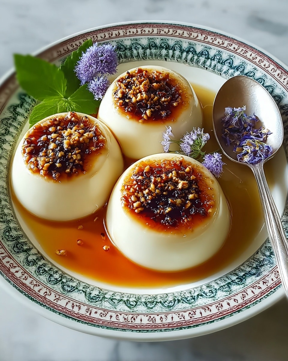 The image shows a white plate with a decorative green, blue and maroon pattern around the edge, holding three round creamy white panna cotta desserts. Each panna cotta has a glossy, dark caramelized top layer with a golden-brown crust and some sprinkled crushed nuts. They are placed in a shallow pool of amber caramel sauce. A green leaf and small purple flower petals rest alongside the panna cottas on the plate. A silver spoon with a few flower petals is also on the plate. The plate is set on a white marbled surface. Photo taken with an iphone --ar 4:5 --v 7