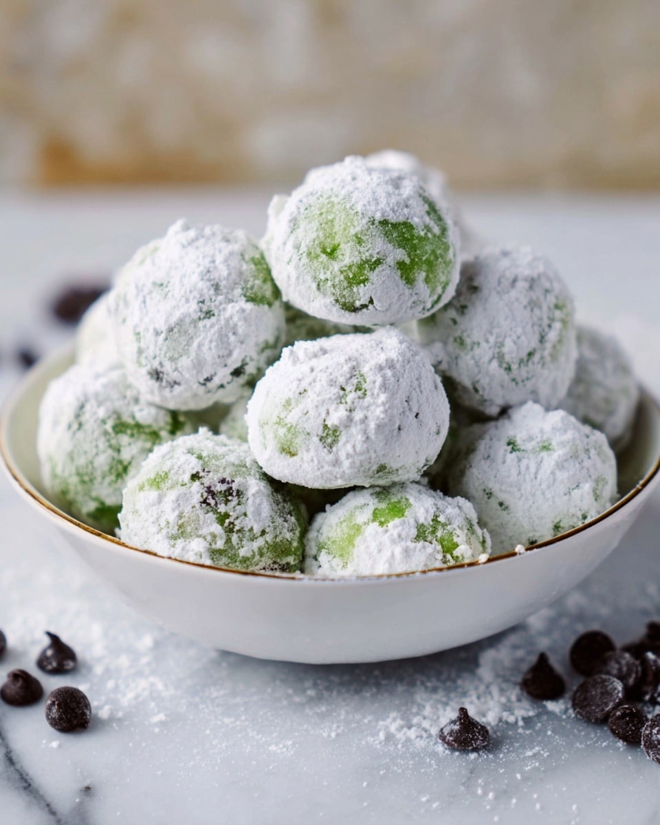 A white bowl filled with round green cookies, each covered in a thick layer of white powdered sugar that creates a snow-like texture on the surface. The green color peeks through the powdered sugar unevenly, showing a rough texture of the cookie beneath. The cookies are stacked in a small pile, with some dark chocolate chips scattered around them inside the bowl. The bowl sits on a white marbled surface with soft lighting highlighting the contrast between the white sugar and the green color of the cookies. photo taken with an iphone --ar 4:5 --v 7