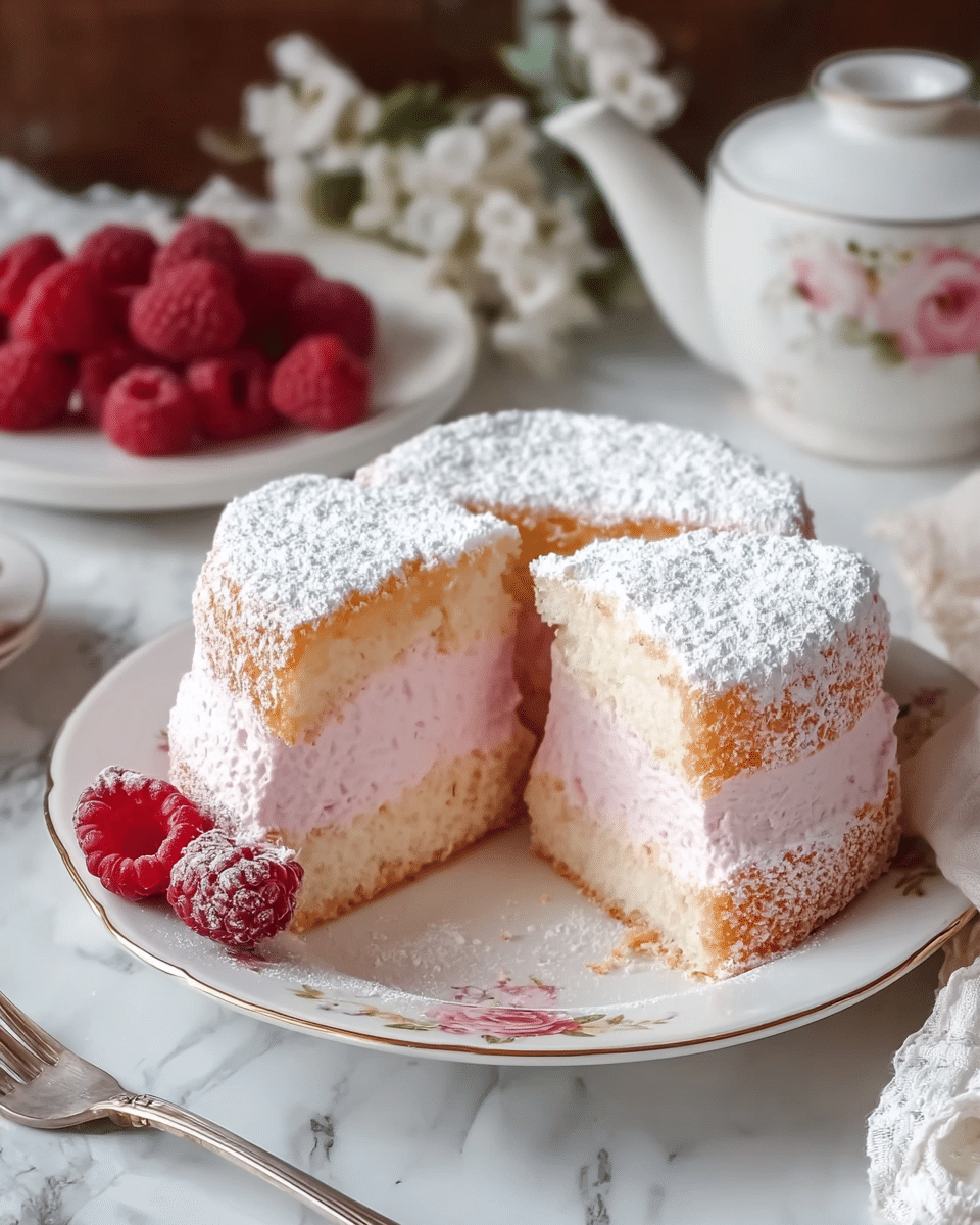 A round cake cut into four thick slices sits on a white plate with a delicate gold rim and floral design. The cake has two layers with the top and bottom layers being light golden brown and fluffy, and the middle layer is a thick, soft pink cream with a slightly textured surface. The entire cake is coated with a dusting of fine white powdered sugar, creating a snowy effect over the top and sides. In the background, a handful of bright red raspberries rest on a white plate, and a white teapot with floral design is partially visible. The setting is on a white marbled surface with a floral white cloth and a silver fork lying nearby. photo taken with an iphone --ar 4:5 --v 7