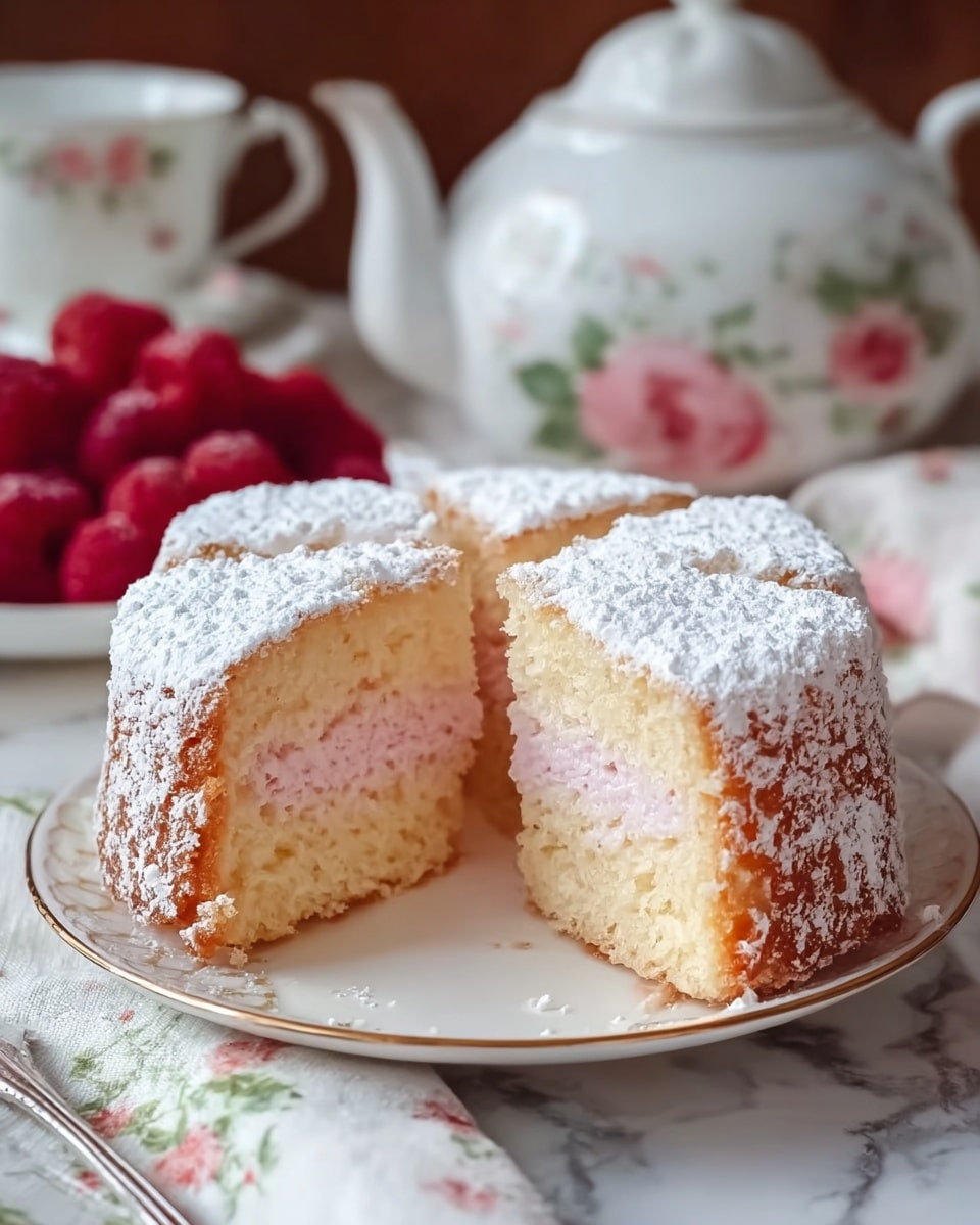A small round cake cut into three thick slices sits on a white plate with a delicate gold rim. The cake has two visible layers: a light, fluffy pink inner layer and a thin golden-brown outer crust. The whole cake is covered with a generous dusting of white powdered sugar, giving it a soft, snowy look. In the background, there is a blurred white teapot with floral designs and a plate holding fresh red raspberries. The surface beneath the plate has a white marbled texture with a cloth featuring floral prints and a silver fork. photo taken with an iphone --ar 4:5 --v 7