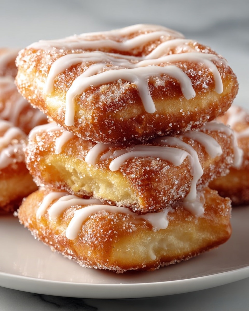The image shows a close-up of three square, golden-brown donuts stacked on a white plate, placed on a white marbled surface. Each donut has a thick, crispy exterior with a slightly uneven texture, coated in a sparkling layer of granulated sugar. White icing is drizzled generously across the top surfaces in smooth, thick lines, adding a creamy contrast to the golden donuts. The donuts are fluffy inside with a soft, light yellow color visible at the edges. Photo taken with an iphone --ar 4:5 --v 7