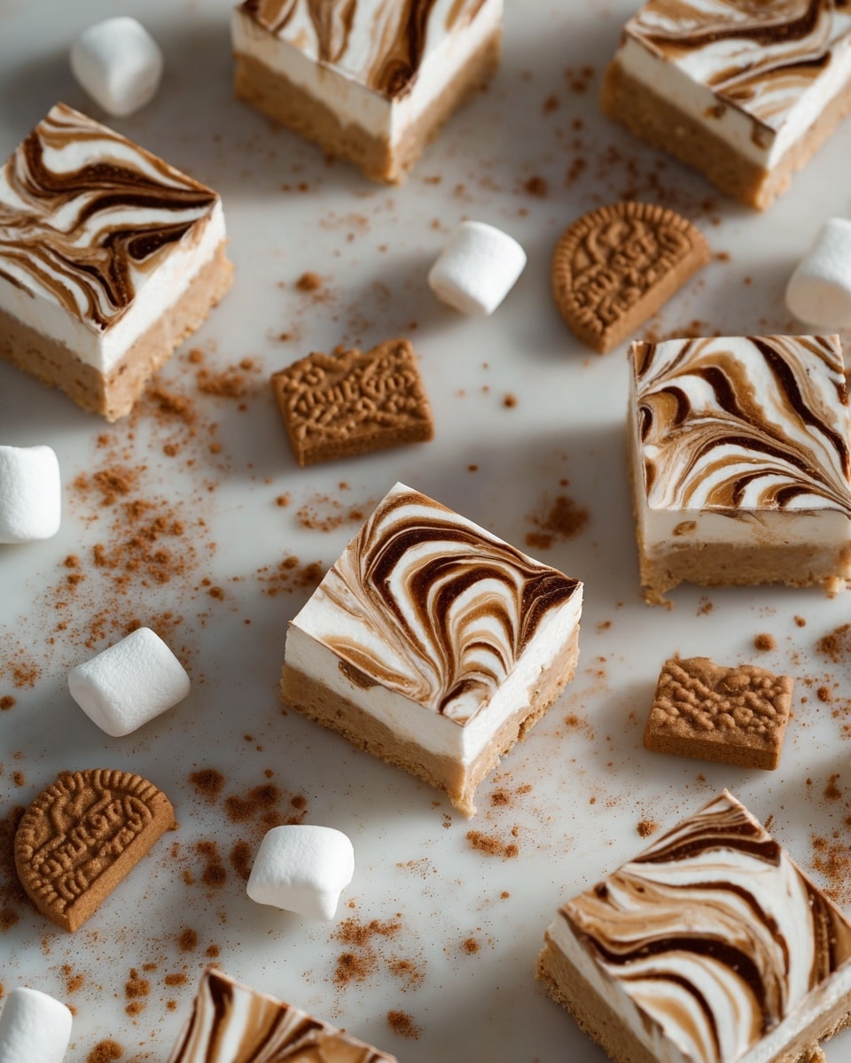 The image shows several square dessert bars arranged on a white marbled texture surface. Each bar has two layers: a bottom light beige crispy layer and a top white creamy layer decorated with brown swirled lines creating a wavy pattern. Scattered around the bars are small white marshmallows and dark brown lotus cookies, some whole and some crumbs sprinkled around, adding texture to the scene. The bars are neatly cut and evenly spaced with a clean presentation. photo taken with an iphone --ar 4:5 --v 7