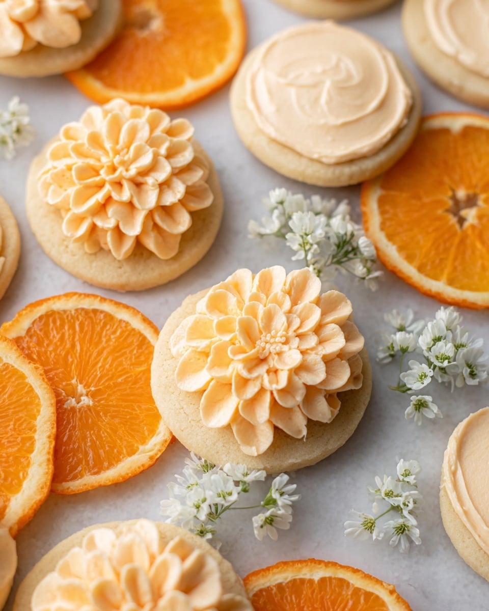 The image shows several round cookies on a white marbled surface, each with a thick layer of pale orange creamy frosting on top. Some cookies have smooth swirled frosting, while others have detailed flower-shaped frosting with petal textures. Bright orange slices are placed around the cookies, adding a pop of color. Small white flowers are also scattered among the cookies, giving a fresh, delicate touch to the arrangement. photo taken with an iphone --ar 4:5 --v 7
