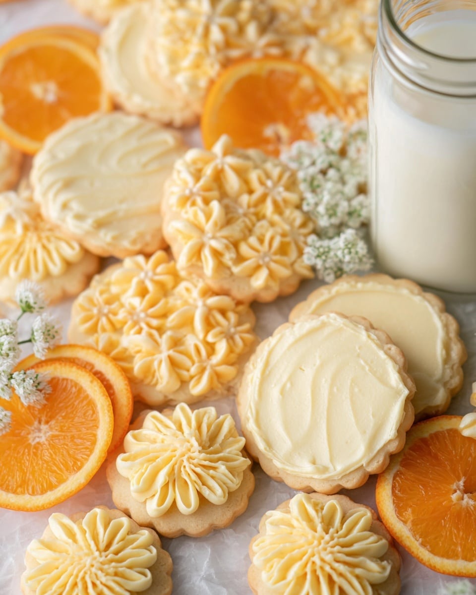 The image shows multiple round cookies with scalloped edges, each topped with creamy orange-yellow frosting in various floral and swirl patterns. The cookies are spread over a white marbled texture surface, mixed with bright orange slices and a glass jar filled with white milk. Small white flowers are also placed among the cookies, adding a delicate touch. The frosting has a smooth, slightly textured look, creating a soft and inviting appearance. Photo taken with an iphone --ar 4:5 --v 7