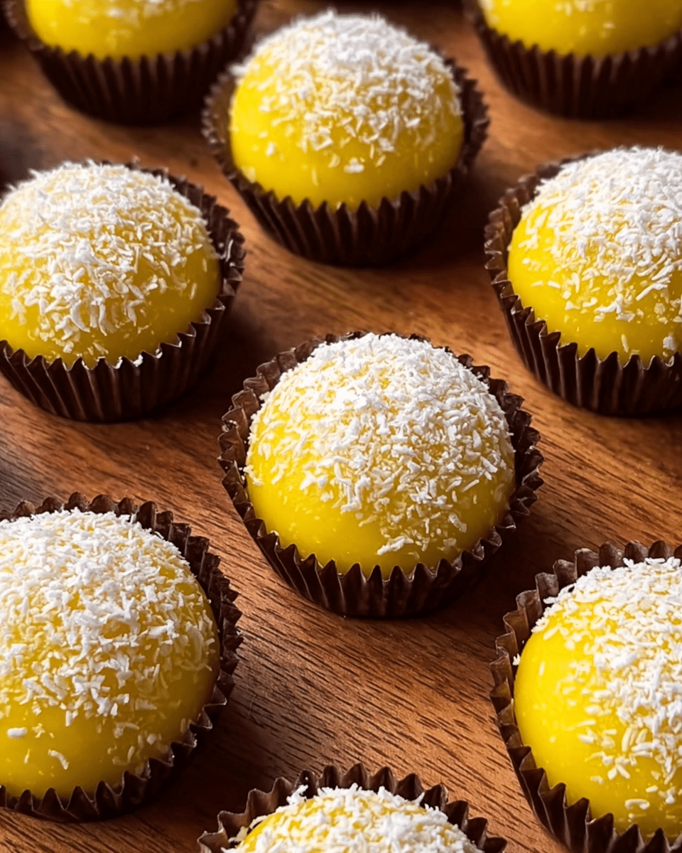 The image shows several small round sweets placed closely on a wooden board. Each sweet has a smooth, bright yellow outer layer covered with a fine coating of white shredded coconut flakes, giving a textured look. The sweets sit in dark brown pleated paper cups, which contrast with the bright yellow treats. The sweets’ yellow part looks soft and slightly shiny, while the coconut flakes add a light, fluffy texture on top. The arrangement is neat, with each sweet evenly spaced, creating a pleasant visual pattern. The wooden board beneath adds a warm, natural background. photo taken with an iphone --ar 4:5 --v 7