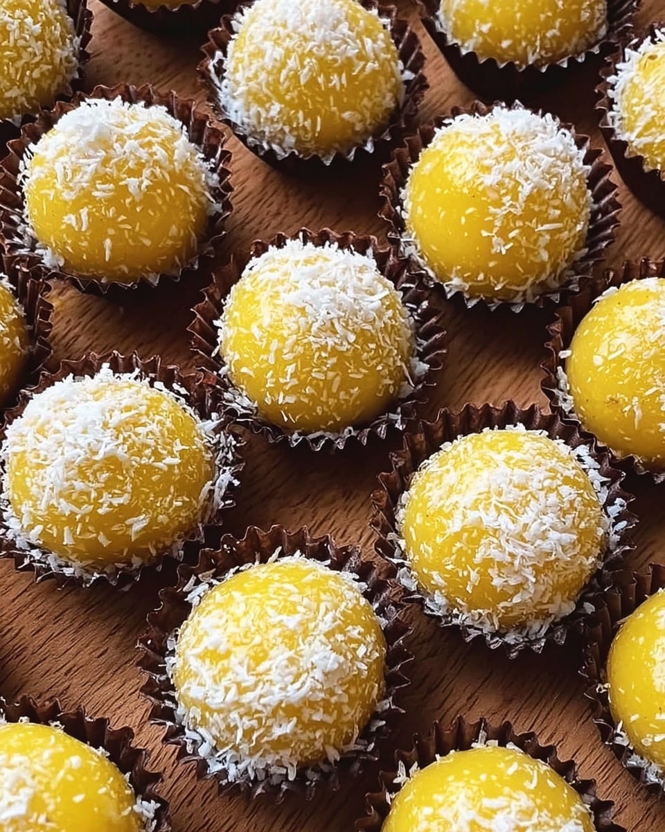 The image shows multiple small round yellow sweets covered lightly with white shredded coconut, each placed inside a dark brown fluted paper cup. The surface they rest on is a warm wooden texture, and the sweets have a smooth, shiny yellow outer layer with a slightly rough texture from the coconut flakes. The arrangement is close together, filling the frame evenly. photo taken with an iphone --ar 4:5 --v 7