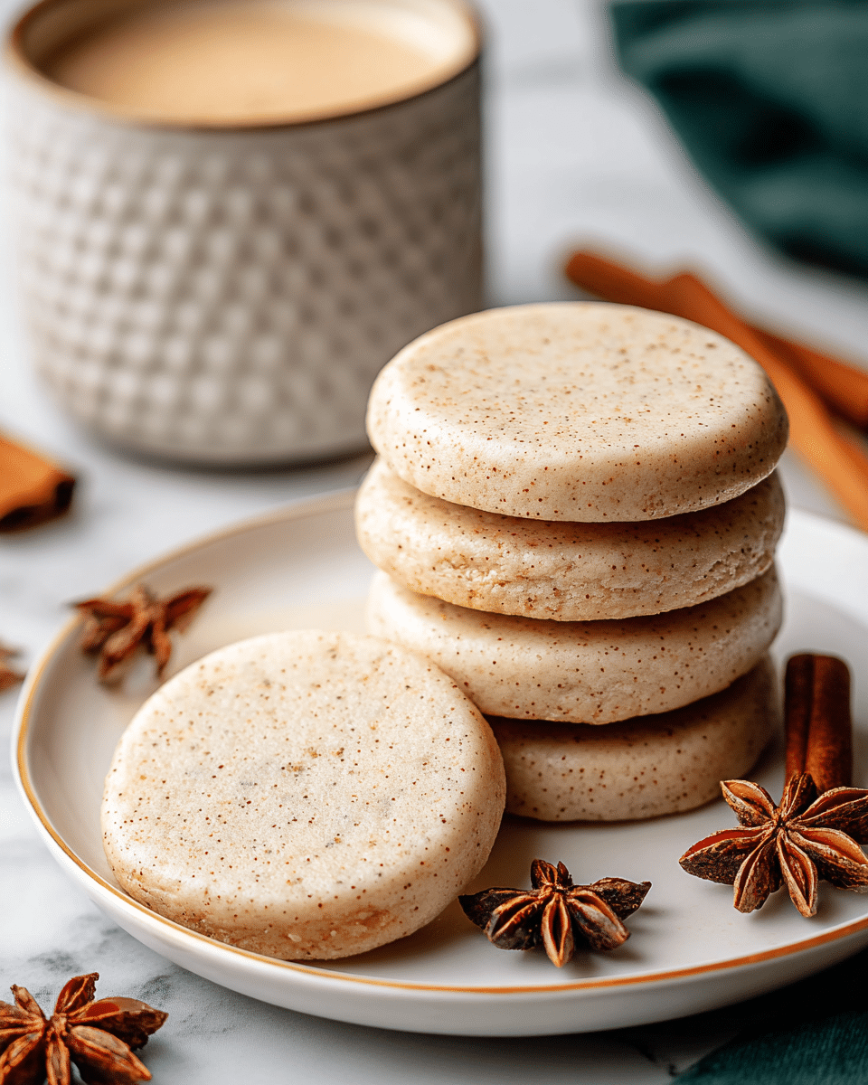 A stack of five round, pale beige cookies with a smooth, slightly shiny surface and light brown specks sits neatly on a white plate with a thin gold rim, each cookie showing a soft, thick texture and slight browning on the sides. Two cookies lie flat on the plate, and the other three rest stacked on top, slightly leaning forward. Around the plate, several brown cinnamon sticks and star anise pods are placed as decoration. In the background, a white cup with a textured surface holds a light brown drink topped with soft foam. The whole scene is set against a white marbled texture surface. photo taken with an iphone --ar 4:5 --v 7