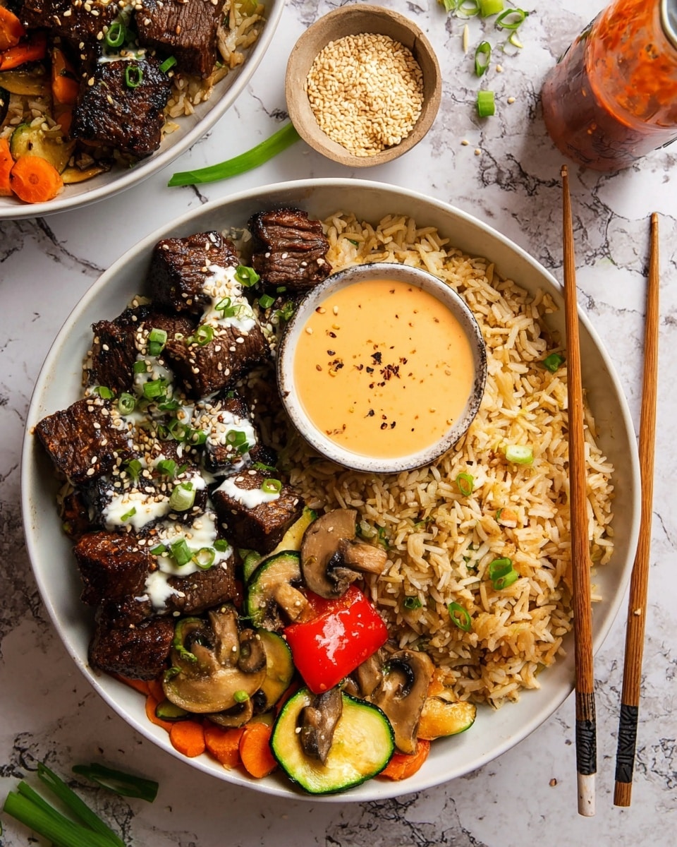 A white bowl filled with three main parts: on the left, dark brown grilled meat pieces topped with white sauce and green herb bits, sprinkled lightly with sesame seeds; in the middle front, a small round white bowl contains creamy orange dipping sauce with black pepper specks; on the right, light brown fried rice mixed with small red, green, and orange vegetable pieces; at the bottom, cooked vegetables like sliced carrots, zucchini, mushrooms with a light sauce. Brown wooden chopsticks rest diagonally on the bowl. The background is a white marbled surface with a small bowl of sesame seeds, a bottle of sauce, and green onions scattered nearby. Photo taken with an iphone --ar 4:5 --v 7