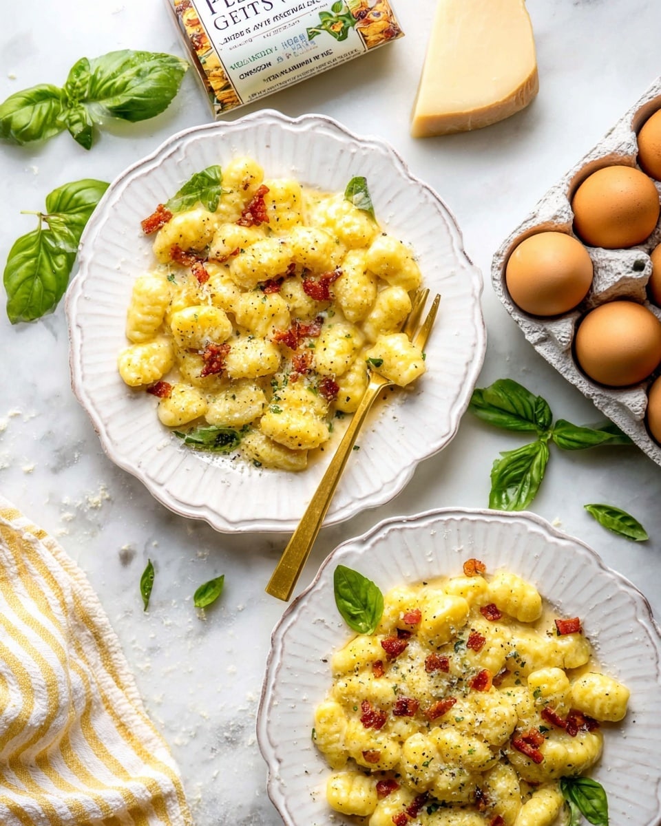 Two white plates with scalloped edges hold a creamy yellow gnocchi dish. The gnocchi pieces are coated in a smooth sauce and sprinkled with small bits of red cooked bacon and grated white cheese, with some green basil leaves adding a fresh touch on top and beside the gnocchi. The sauce looks thick and shiny, covering each gnocchi piece. A gold fork rests on the gnocchi in one plate. The white marbled background holds a carton of organic eggs, brown eggs in a white dish, basil leaves, a piece of pale yellow cheese, and a cream and yellow striped cloth. photo taken with an iphone --ar 4:5 --v 7