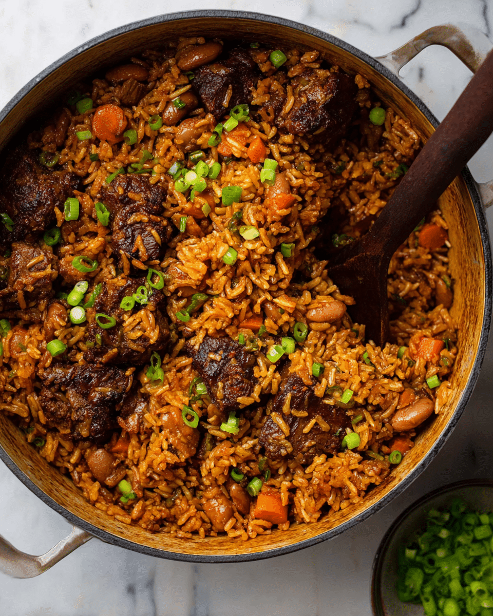 The image shows a pot filled with a richly colored rice dish layered with dark brown, well-cooked meat pieces that have a slightly crispy texture. The rice is mixed with small chunks of orange carrots, light brown beans, and is coated in a reddish-brown sauce, giving it a moist look. Small bright green chopped scallions are sprinkled on top and scattered throughout the dish. A wooden spoon with a dark handle rests inside the pot, stirring the food gently. The pot itself is placed on a white marbled surface, and a small bowl of extra chopped scallions is seen near the bottom right corner. Photo taken with an iphone --ar 4:5 --v 7