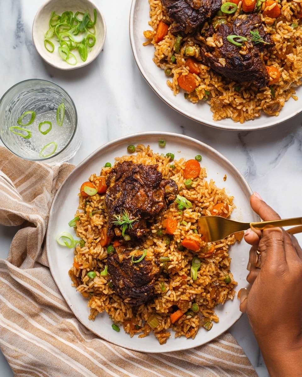 Two white plates each have a serving of seasoned rice mixed with visible pieces of orange carrot and brown beans, topped with two dark brown, crispy, roasted pieces of meat. The rice appears moist with a slightly oily texture and is garnished with small green herbs and sliced green onions. One plate sits on a white marbled surface with a striped beige cloth partly beneath it, where a woman's hand holds the plate while another woman's hand uses gold-colored fork and knife to cut the meat. In the background, the other plate is also filled with the same dish, and there is a clear glass of water with ice along with a small white bowl holding more sliced green onions. photo taken with an iphone --ar 4:5 --v 7