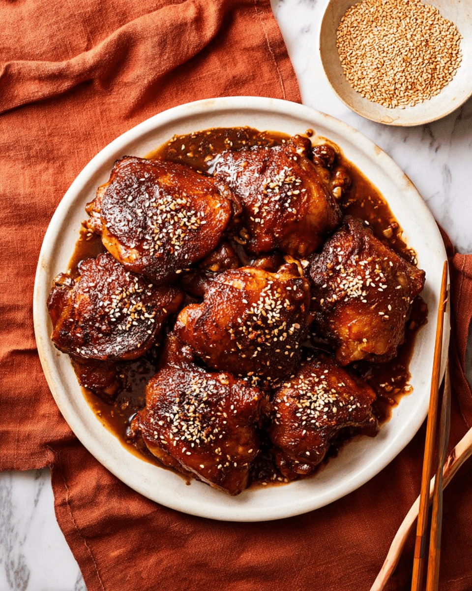 A white plate filled with nine pieces of dark brown chicken thighs covered in a shiny thick sauce, sprinkled with small white sesame seeds, resting on a rust-colored cloth. The sauce pools slightly around the chicken pieces, giving a rich, glossy look. To the top right, there's a small white dish with light brown sesame seeds scattered inside and a pair of wooden chopsticks resting on a white chopstick holder on the same rust cloth. The whole scene sits on a white marbled surface. Photo taken with an iphone --ar 4:5 --v 7