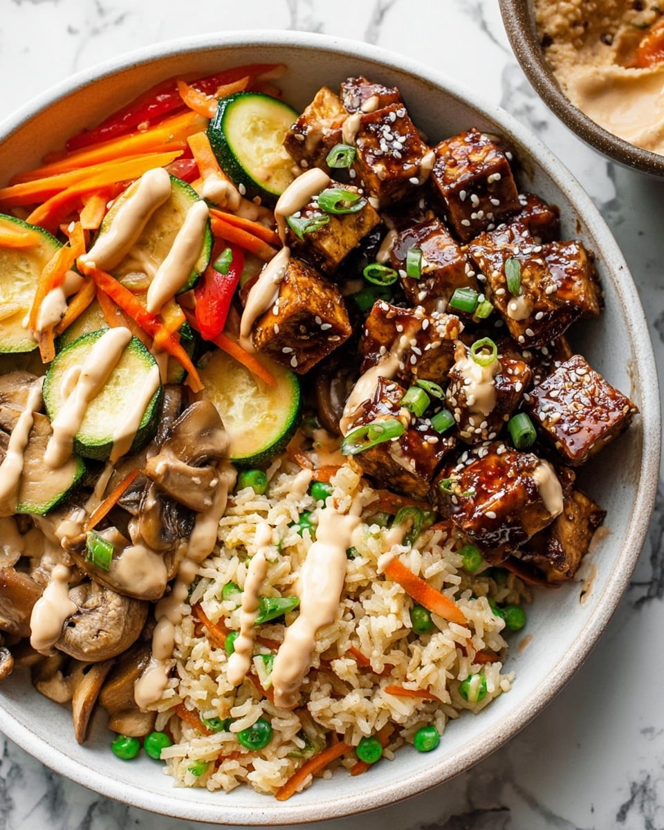 The image shows a white bowl with three main layers: on the right, there is a generous portion of fried rice with bits of carrot and green vegetable, textured and slightly moist; on the top, dark brown grilled meat pieces drizzled with a light creamy sauce and sprinkled with white sesame seeds and small green chives; on the left, a mix of sliced vegetables including orange carrot, light green zucchini, and pale mushrooms, also topped with creamy sauce and green chives. A pair of light brown chopsticks rests on the bowl's edge. In the background, there is a white bowl with the same dish and a small white cup with light-colored sauce, all set on a white marbled surface with a yellow and white striped cloth nearby. photo taken with an iphone --ar 4:5 --v 7