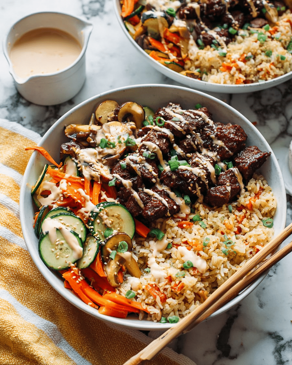 A round bowl filled with three main parts: on the right side, there is a generous serving of fried rice with bits of egg, red and green peppers, and small vegetables, showing a light golden color with some orange and green specks; on the top left side, dark brown grilled or roasted meat pieces with a glossy texture are drizzled with a light cream sauce and sprinkled with sesame seeds and green chopped herbs; at the bottom left side, a fresh vegetable mix of thinly sliced orange carrots, green zucchini, and light brown mushrooms, also drizzled with the same cream sauce; two pairs of brown wooden chopsticks rest on the bowl, one pair on the right edge and the other pair near the top left; the bowl sits on a white marbled surface with a partial view of another white bowl with a similar dish in the upper left and two small white bowls with sauces on the right. photo taken with an iphone --ar 4:5 --v 7
