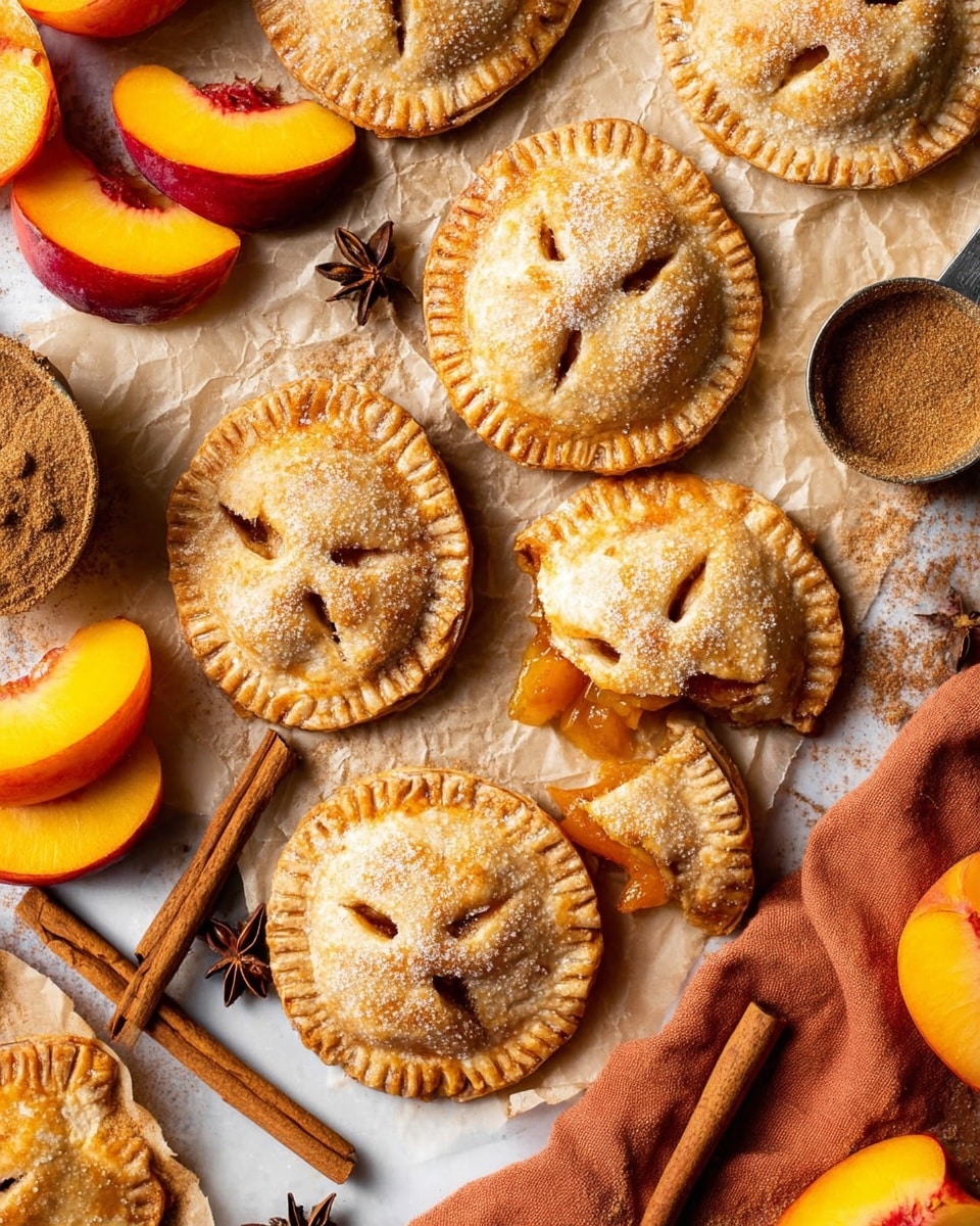 The image shows many small round peach hand pies with a golden-brown crust sprinkled with sugar on top. Each pie has four small slits in the center of the crust. One pie is broken open to show soft orange peach filling inside. Around the pies are fresh peach slices with red and yellow skin and orange flesh, cinnamon sticks, and star anise. The pies are placed on crumpled light parchment paper on a white marbled surface. A metal measuring cup with cinnamon sugar powder is visible on the side, and a burnt orange cloth is partially in the frame. Photo taken with an iphone --ar 4:5 --v 7