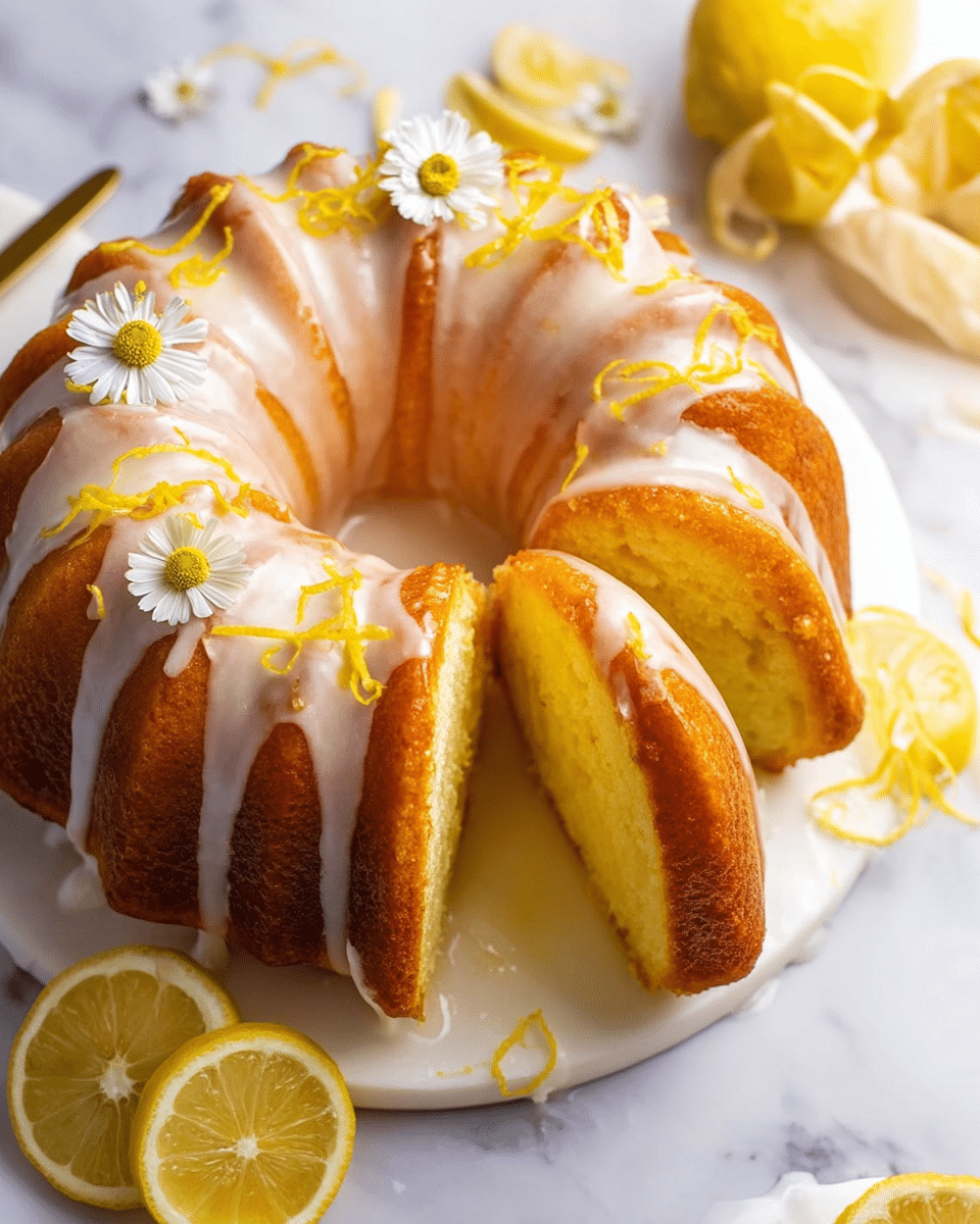 A glazed lemon bundt cake with three slices cut, showing soft, moist yellow layers inside with a light orange-brown crust. The glaze is white and shiny, drizzled over the top, decorated with thin strips of lemon zest and small white daisy flowers on the top. The cake sits on a white round plate placed on a white marbled surface, with fresh lemon halves and slices around it for garnish. Photo taken with an iphone --ar 4:5 --v 7