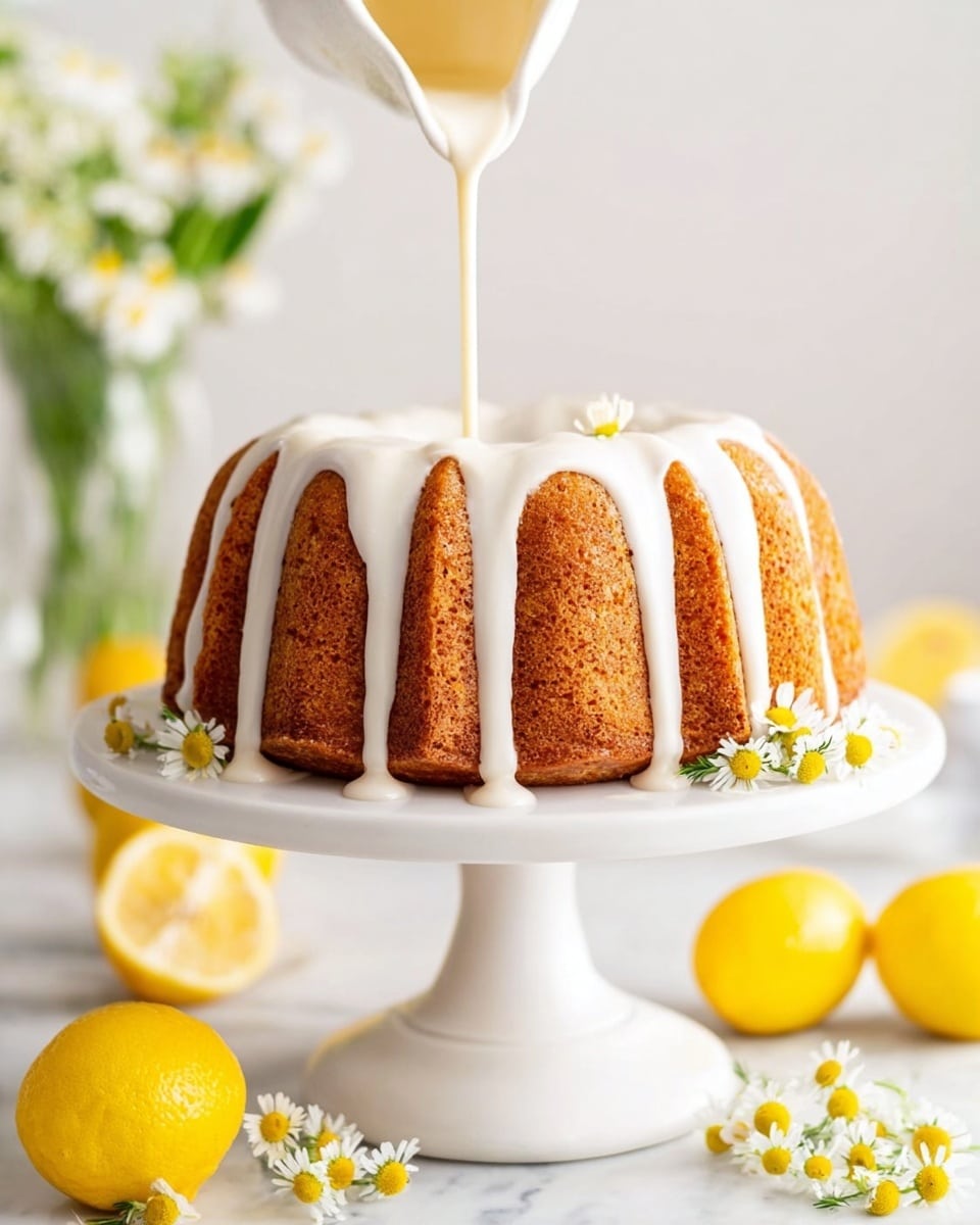 A round bundt cake with a golden brown color sits on a white cake stand with a tall, elegant base. The cake has vertical ridges, and thick white glaze is being poured over the top, dripping down the sides in uneven streams. Around the base of the stand are half and whole yellow lemons and small white and yellow chamomile flowers on a white marbled surface. The background is bright and light, with some green stems and white flowers blurred softly to the side. Photo taken with an iphone --ar 4:5 --v 7