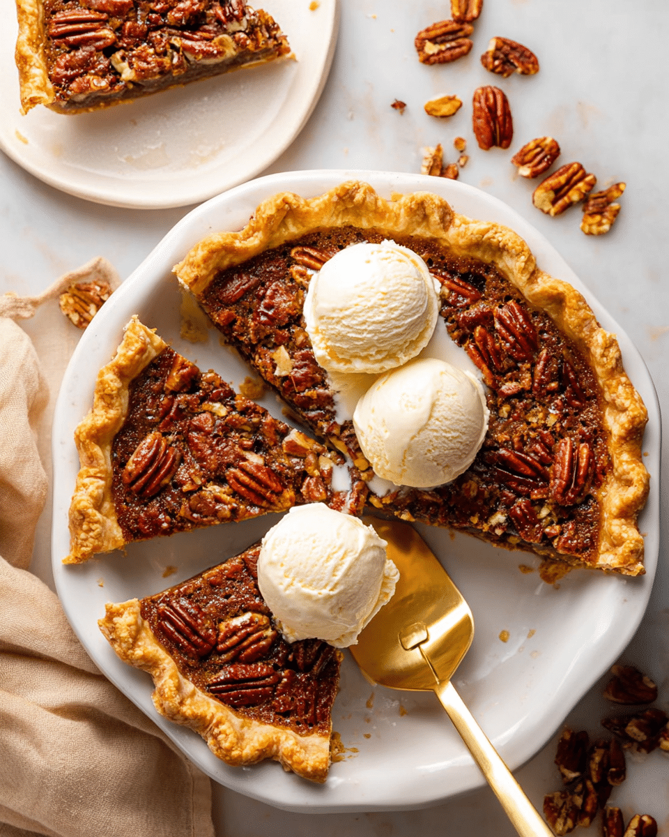 A white pie dish holds three slices of pecan pie arranged in a circle with a golden brown, crimped crust. The pie filling is a rich, dark brown layer studded with whole and halved pecans, giving it a textured, nutty top. Sitting on top of the pie slices are two round scoops of creamy white vanilla ice cream starting to melt slightly. A gold pie server rests inside the dish near the pie, and scattered pecans surround the dish on a white marbled surface. In the background, a beige napkin and part of another pecan pie on a white plate are visible. photo taken with an iphone --ar 4:5 --v 7