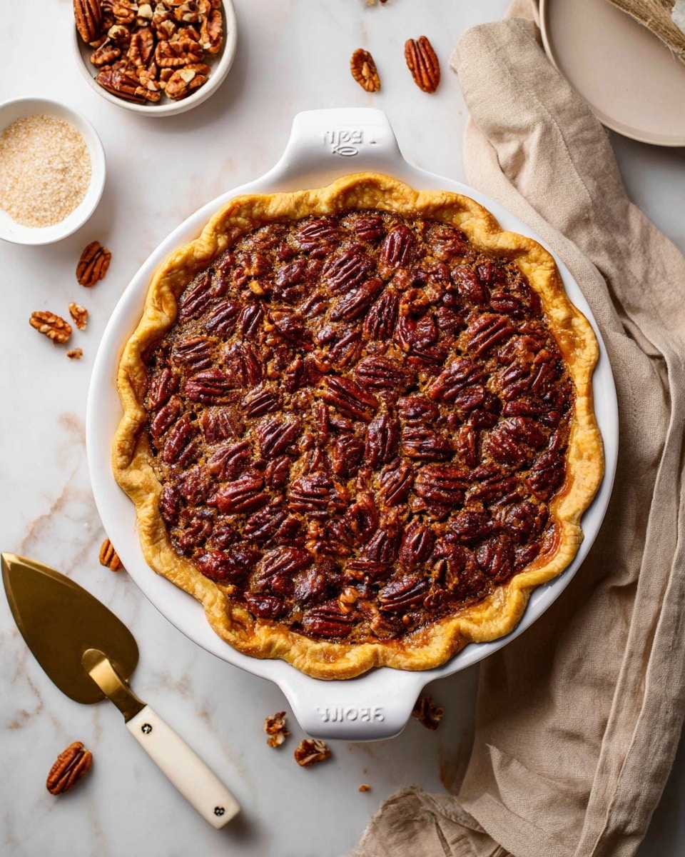 A pecan pie with a golden, crinkled crust baked in a white ceramic pie dish with handles, filled with a rich, glossy layer of dark brown filling visible beneath a dense top layer of evenly spread toasted pecan halves in deep reddish-brown and lighter brown shades. The pie rests on a beige cloth on a white marbled surface scattered with whole and broken pecans. Nearby, a small white bowl holds more pecans, and another white bowl contains light golden brown sugar. A brass pie server with a white marbled handle lies next to the pie. photo taken with an iphone --ar 4:5 --v 7
