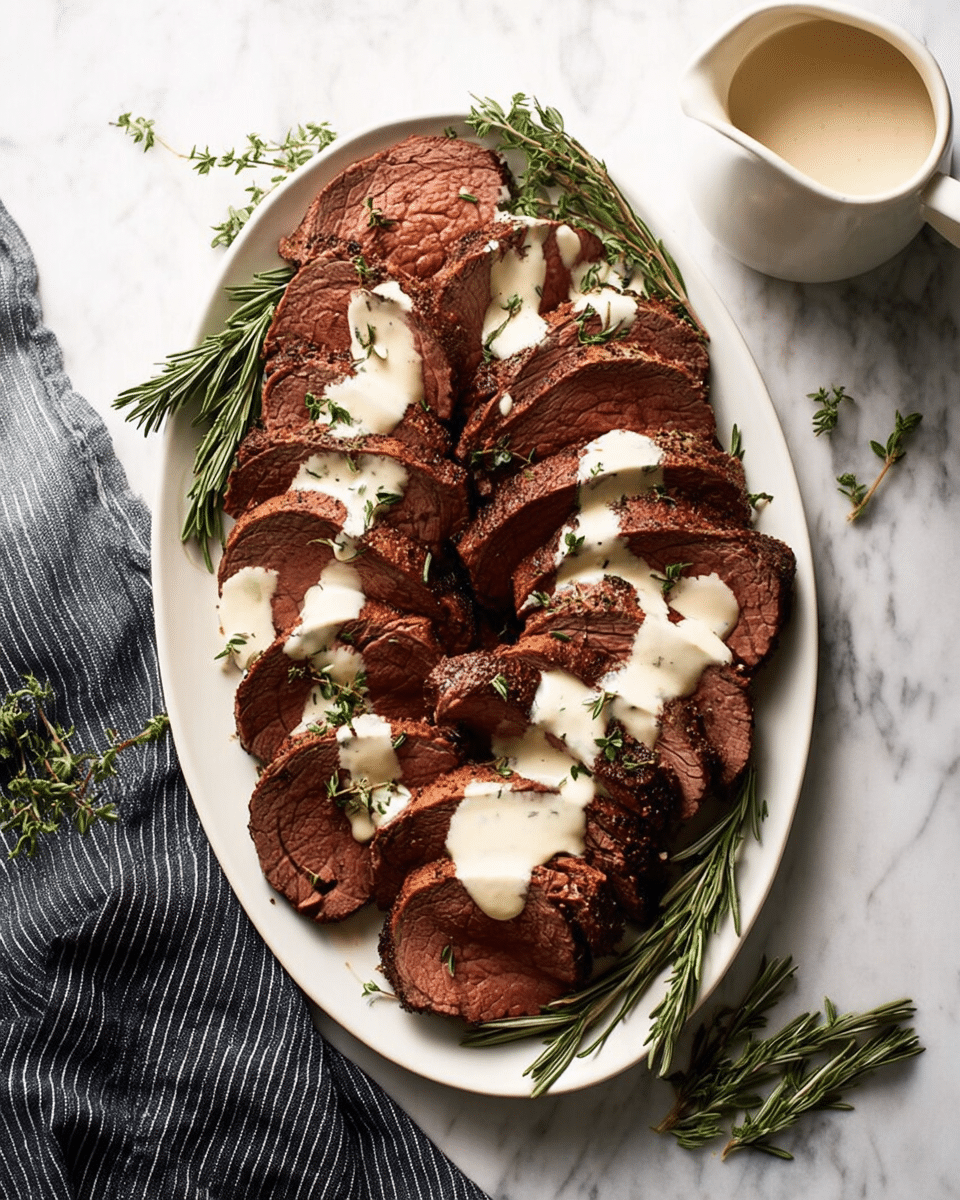 The image shows a white oval plate filled with thick, round slices of cooked beef arranged in a loose pile. Each slice has a dark brown, slightly charred crust with a tender, pinkish center. Creamy white sauce is drizzled unevenly over several slices, adding a smooth, glossy texture. Fresh green herbs, including rosemary sprigs, are scattered on and around the beef, offering a fresh contrast to the rich meat. The plate is set on a white marbled surface, with a white jug of extra sauce nearby and a dark striped cloth partially visible to the side. photo taken with an iphone --ar 4:5 --v 7