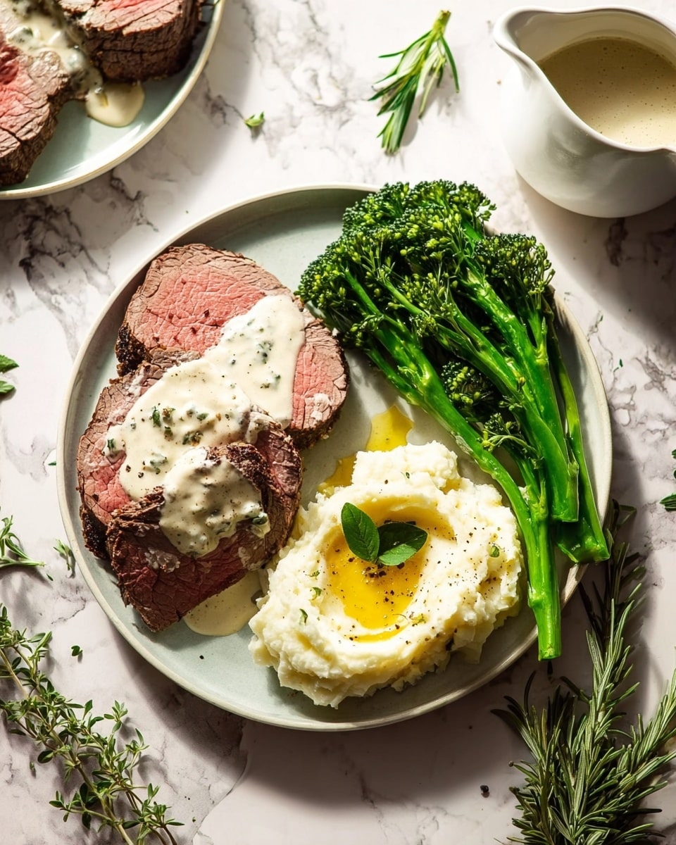 The image shows a white plate with three main parts arranged in a balanced way on a white marbled surface. On the left side, there are two thick slices of medium-rare roast beef with a dark brown crust and a soft pink inside, topped with a light cream sauce with small green herb bits. To the right of the beef, there are bright green steamed broccolini stalks with small florets, looking fresh and crisp. Below the broccolini, there is a scoop of creamy white mashed potatoes with a drizzle of golden olive oil and a sprinkle of black pepper and a small green herb leaf on top. Sprigs of fresh herbs like rosemary and thyme are placed on and around the plate. A small white sauce pitcher with extra cream sauce sits nearby. The scene is bright and inviting with natural light. Photo taken with an iphone --ar 4:5 --v 7