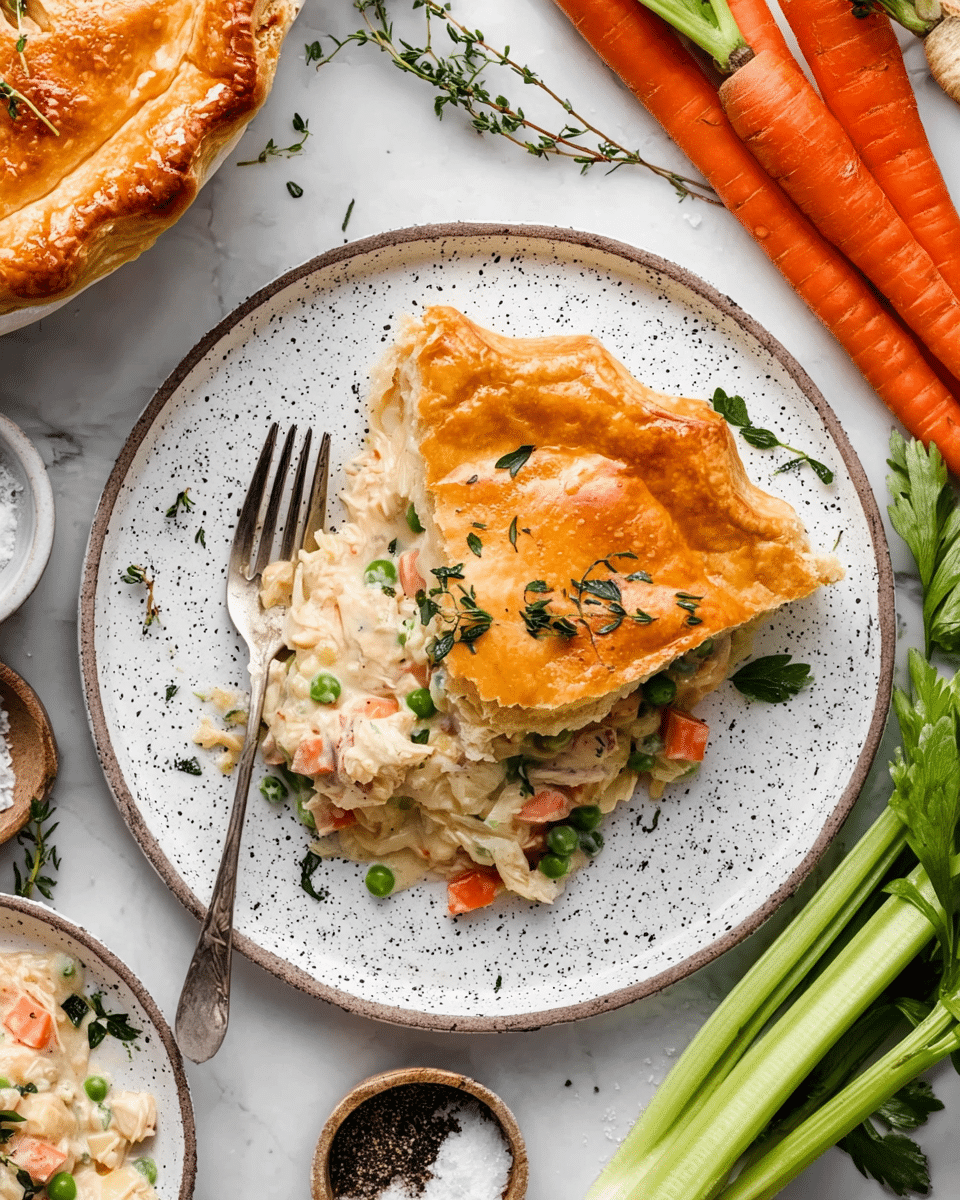 A white round plate with black speckles holds a slice of pot pie with two layers: the top golden brown, flaky crust with a glossy finish, and underneath a creamy mixture of diced carrots, green peas, and tender chicken pieces in a white sauce. Some fresh green herbs are scattered around the plate for decoration. A silver fork rests on the left side of the plate. Surrounding the plate are fresh carrots, celery stalks, sprigs of thyme, and small white bowls containing black pepper and coarse salt, all placed on a white marbled surface. Photo taken with an iphone --ar 4:5 --v 7
