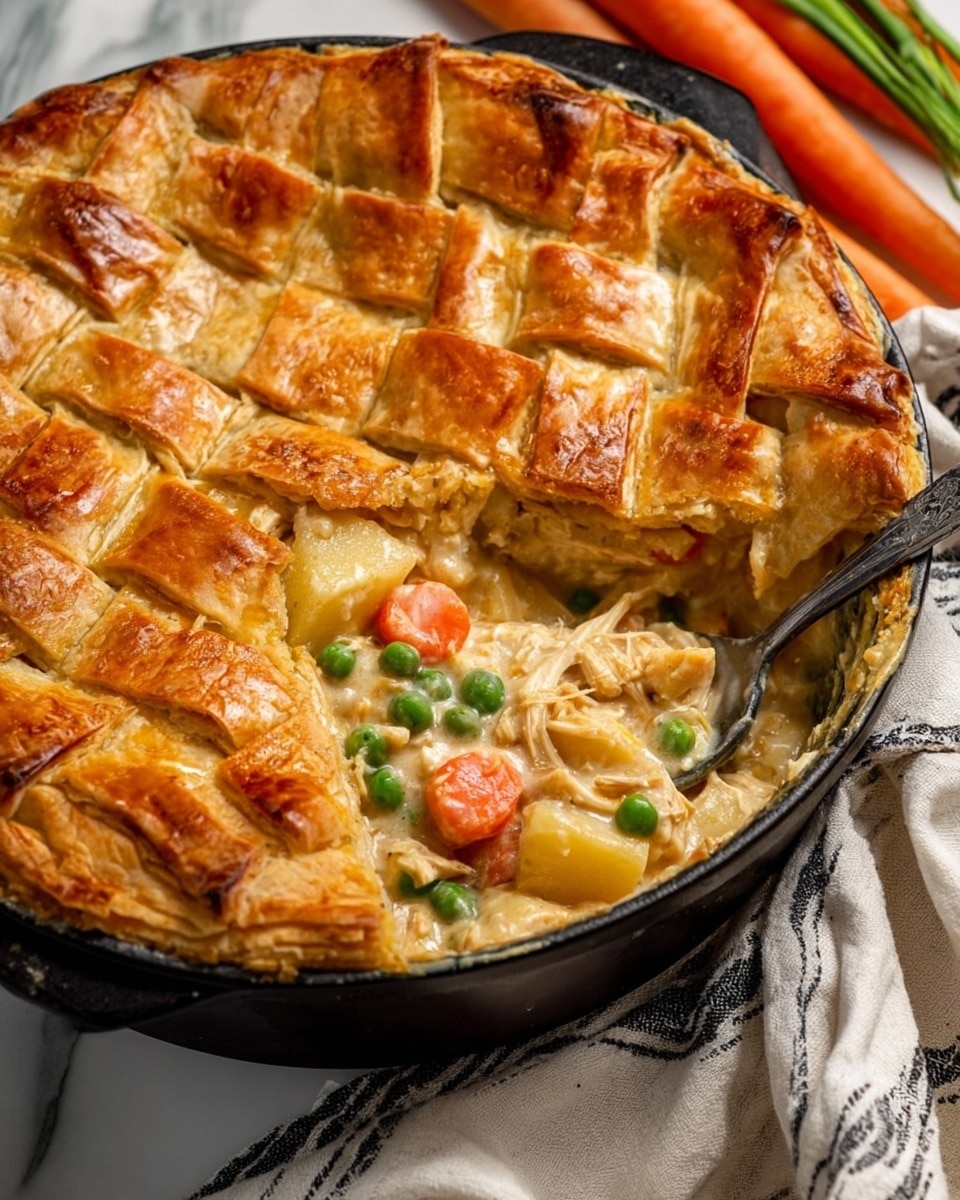 The dish is a chicken pot pie inside a round black cast iron pot, showing a golden brown, flaky crust on top made from a lattice of baked dough squares. Underneath the crust, the creamy filling is rich and light beige, mixed with colorful chunks of orange carrots, green peas, and large yellow potatoes. The texture looks thick and smooth, with tender pieces of shredded chicken visible throughout. The pot sits on a white marbled surface with a striped cloth and fresh carrots nearby, while a silver fork rests inside the dish, partially picking up some filling. photo taken with an iphone --ar 4:5 --v 7
