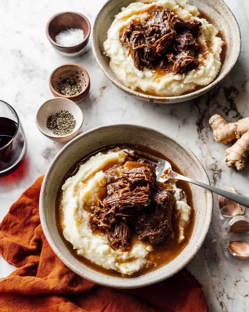 Two bowls sit on a white marbled surface, each filled with a base layer of creamy, smooth mashed potatoes that are off-white in color with a soft texture. On top, shredded pieces of dark brown, tender braised meat rest, covered lightly with a glossy brown gravy that adds shine and moisture. One bowl contains a silver fork placed on the left edge, partly resting in the mashed potatoes. Around the bowls, there are small bowls with coarse black pepper and coarse salt, some garlic cloves, a piece of ginger root, a glass of red wine, and an orange cloth napkin, all on the white marbled surface. Photo taken with an iphone --ar 4:5 --v 7